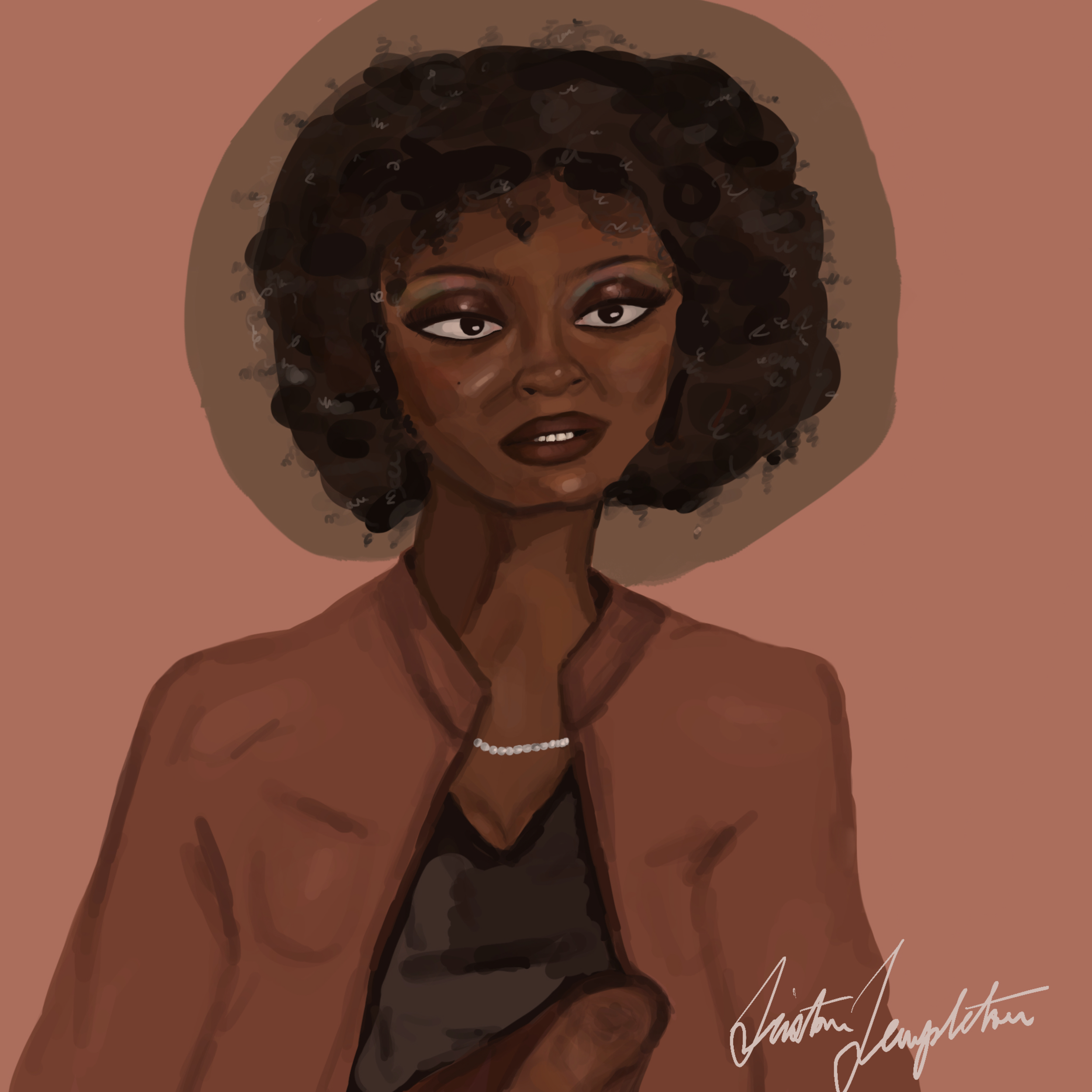 A digital painting of a classy black woman. She is wearing a black v-neck top with a dusty rose jacket overtop. Her white pearl necklace and bright smile give her an elegant aura.