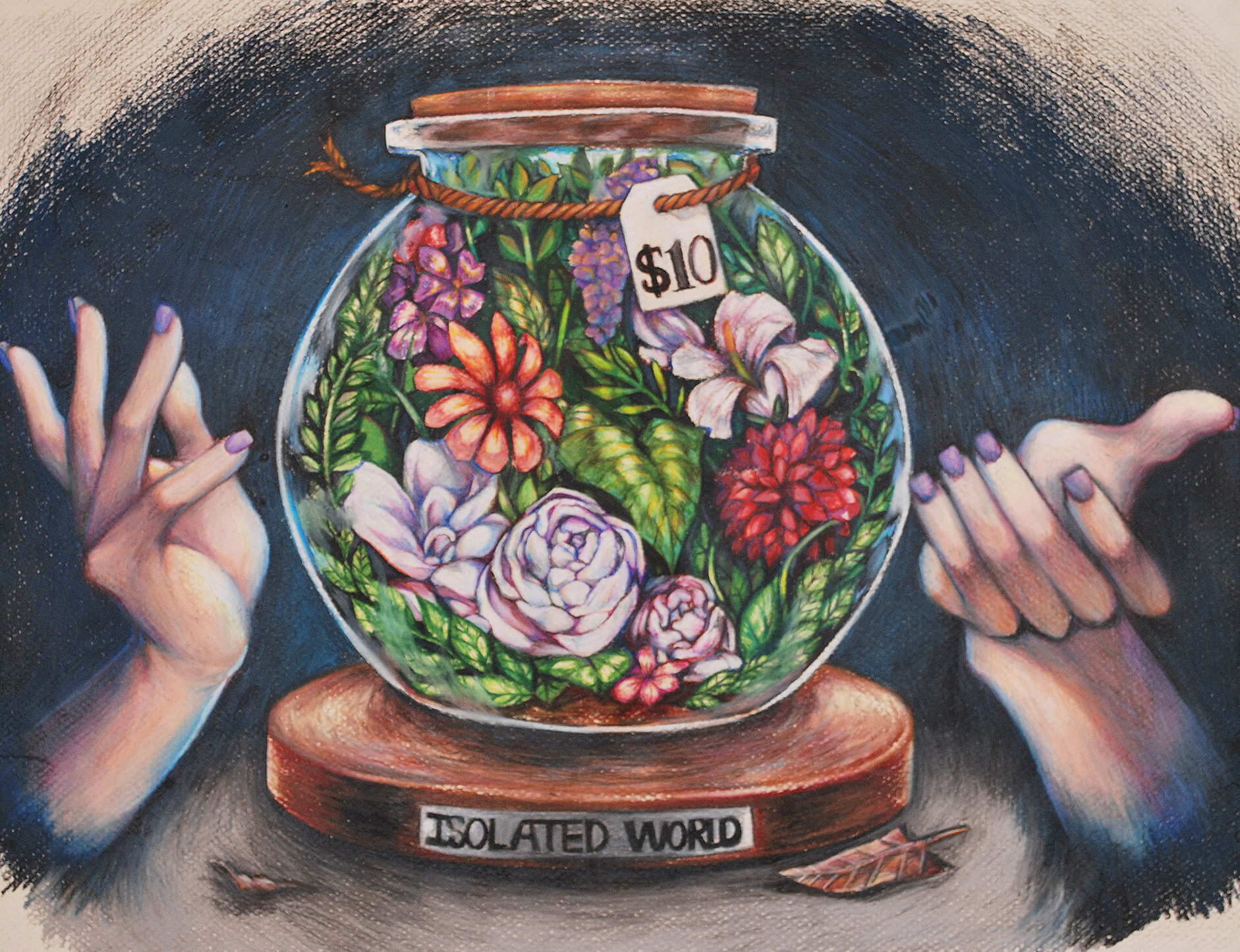 A mystical pastel illustration of a glass terrarium filled with luscious green and pink plants. The jar is labelled "isolated world" and has a pricetag of $10 on it. Hands on either side of the object gesture invitingly to the viewer.