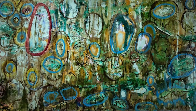 A multimedia abstract piece. The image is reminiscent of plant cells and organic life. The scattered uneven ovals lined with blue and red and yellow over muddy greens and browns remind the viewer of a tree's bark.