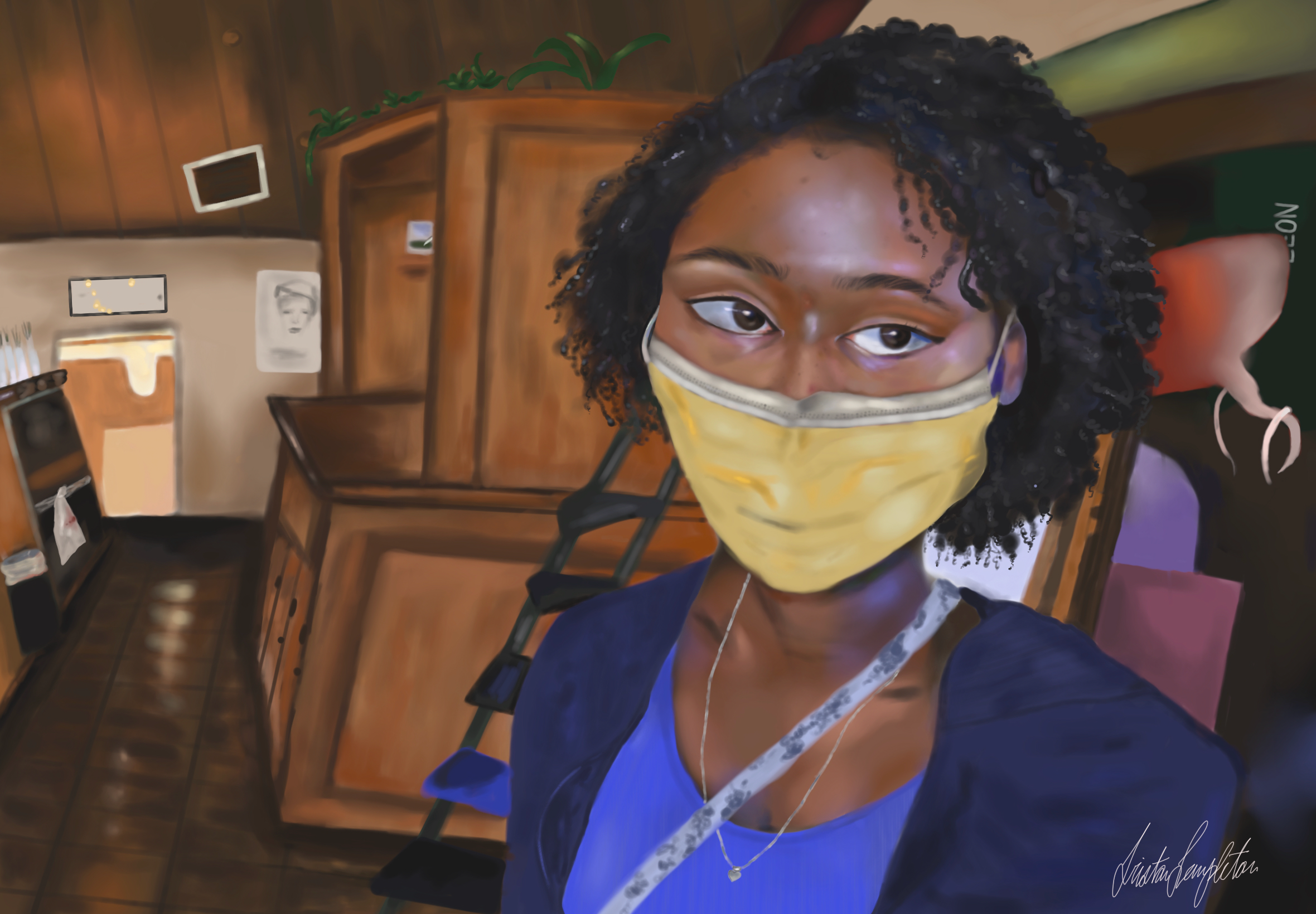 A digital painting of a person sitting in a restaurant.  The person is close to the viewer, as if one was out to eat with this person. They are wearing a yellow mask and the restaurant's decor is very wooden and feels homey.