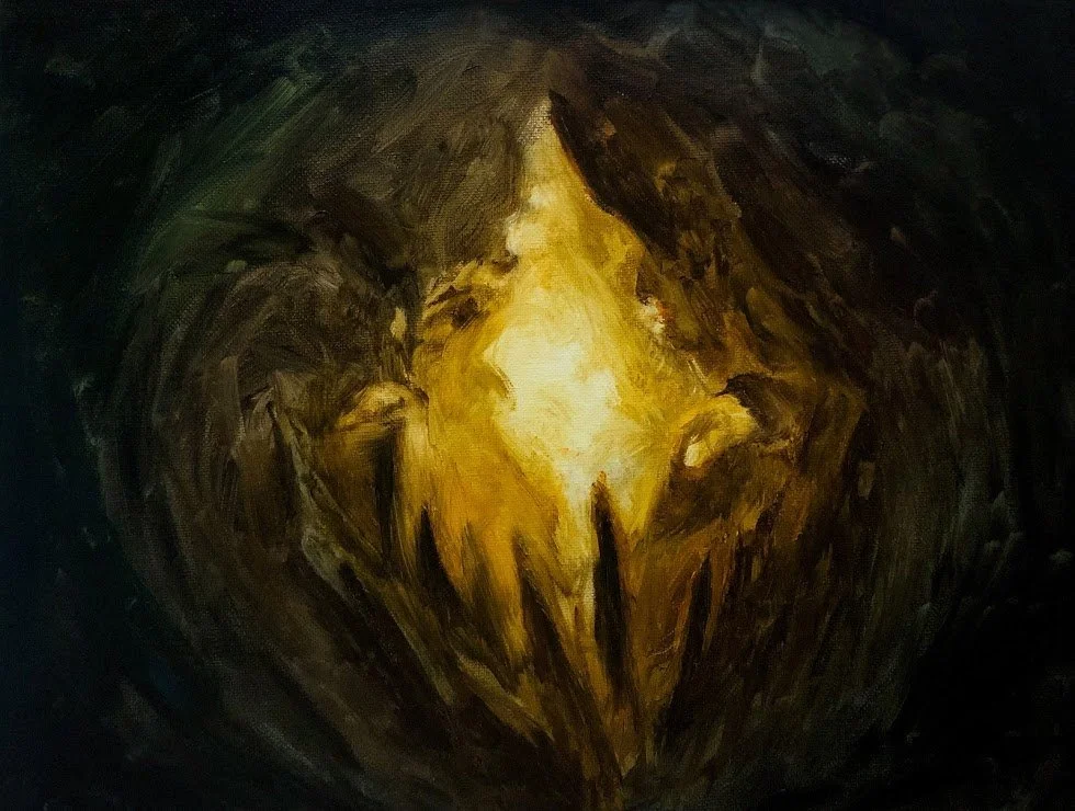A mysterious oil painting of a glowing cave. Rocks and stalagmites poke up from the bottom of the diamond shaped entrance, appearing like the mouth of a beast. An inviting yet sickly glow emanates from inside the cavern.