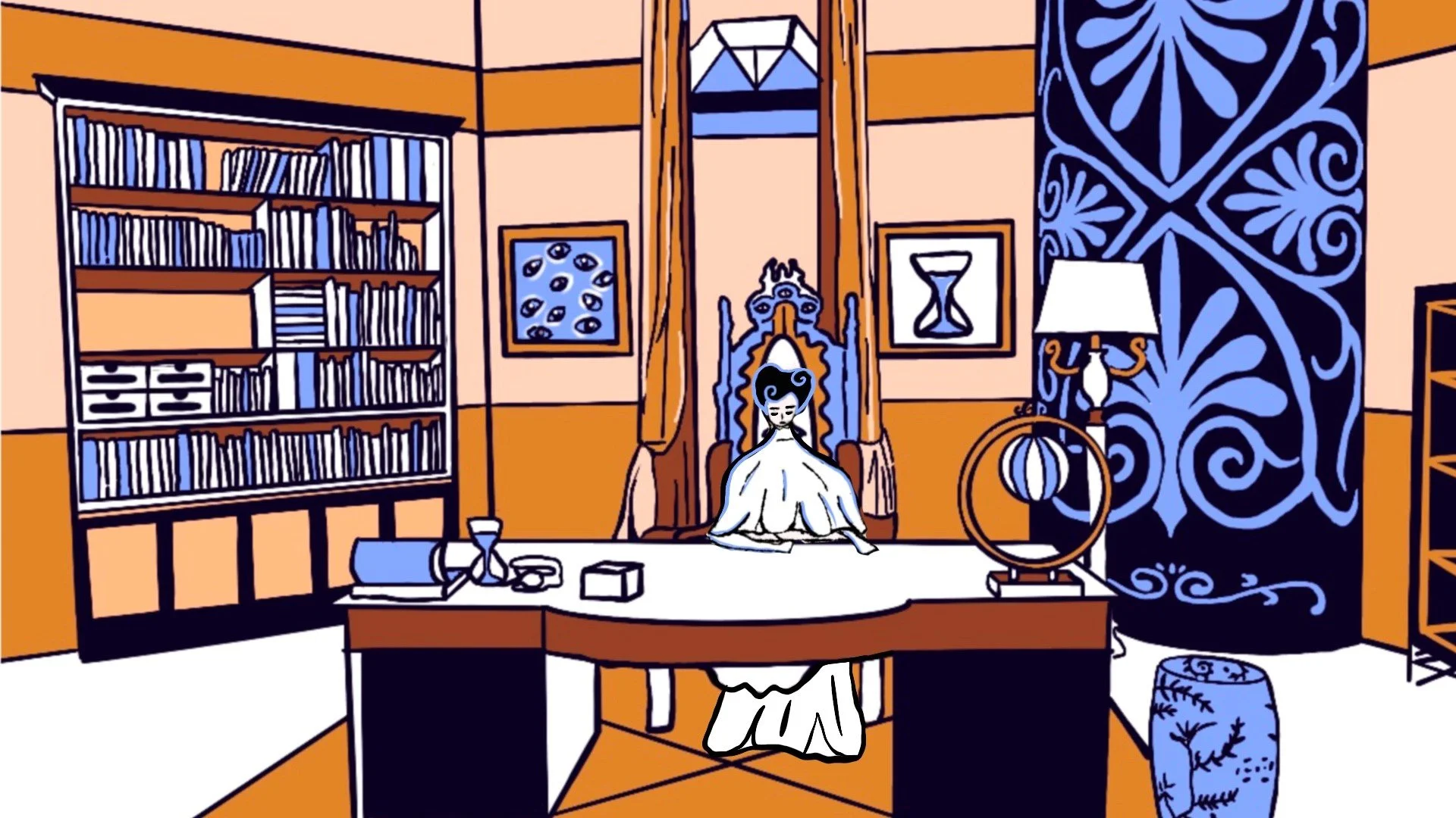 An illustrated still from the following video titled "House of Immortality"