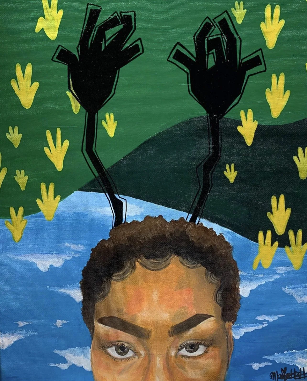 A painting of a person from the nose up below an upside down minimalist landscape. The warm tones of the person's skin stand out against the cool blue sky and green hills behind them. a set of black hands reach upwards from their head.