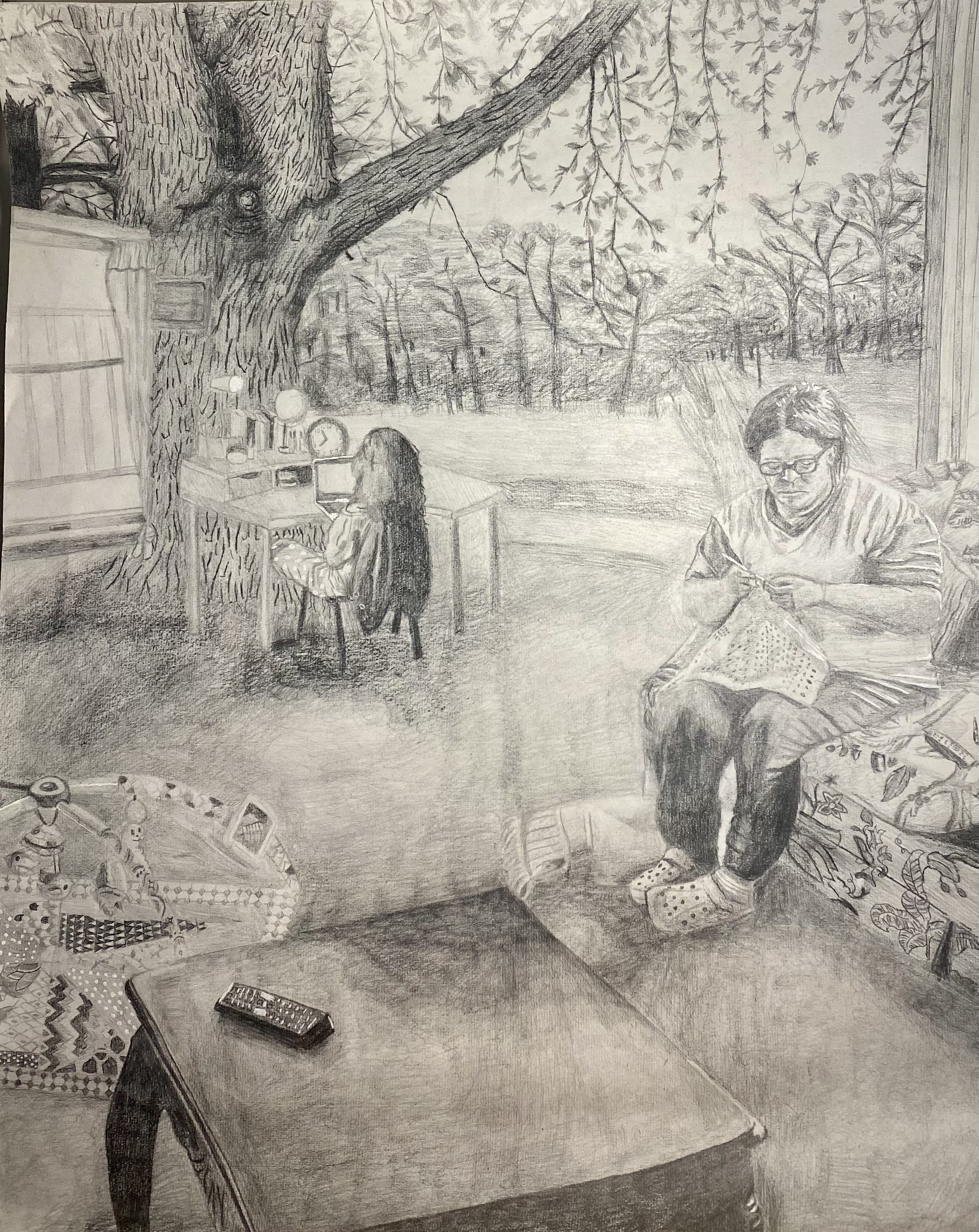 A photorealistic graphite illustration of a living room and backyard scene. A woman sits on a couch in the foreground knitting intently. In the distance a girl sits at a desk on her laptop. A forest fills the background.
