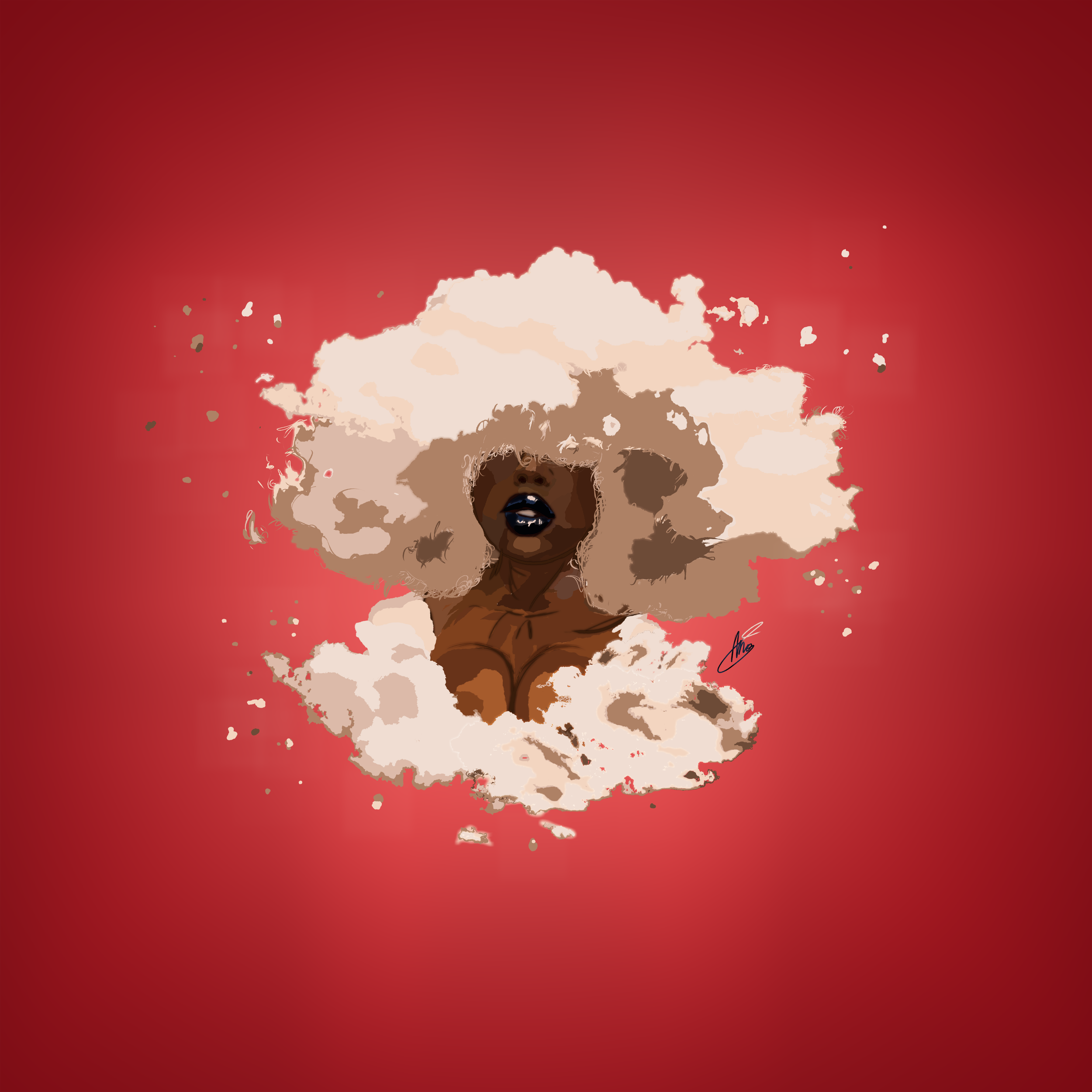 A digital painting of a woman from the chest up in front of a red background. Her hair is made of a cloud-like material that breaks off and floats away in places. The same material surrounds her bust. The woman has an ethereal presence.