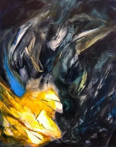 An abstract oilpainting of scratches and smudges. The strokes swirl outward from the bottom left corner, sweeping up and towards the top right. A yellow glow comes from the bottom left corner, and the strokes give off the texture of a rocky substance
