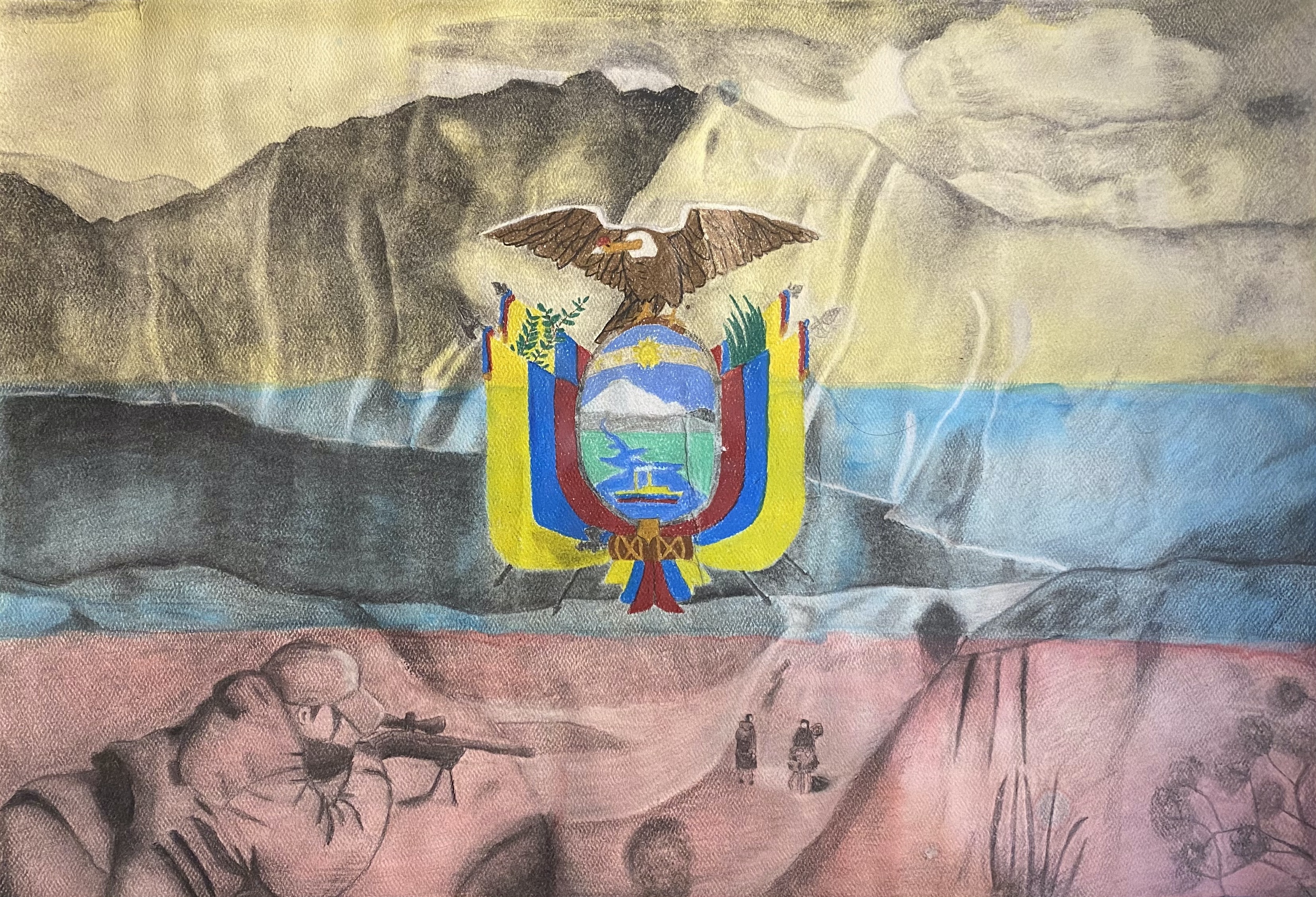 A graphite pencil illustration over a painting of the flag of Ecuador. The bottom section of the flag shows a person holding a rifle laying at the top of a trench. On a path below are two people. The two upper sections show the landscape and the sky.