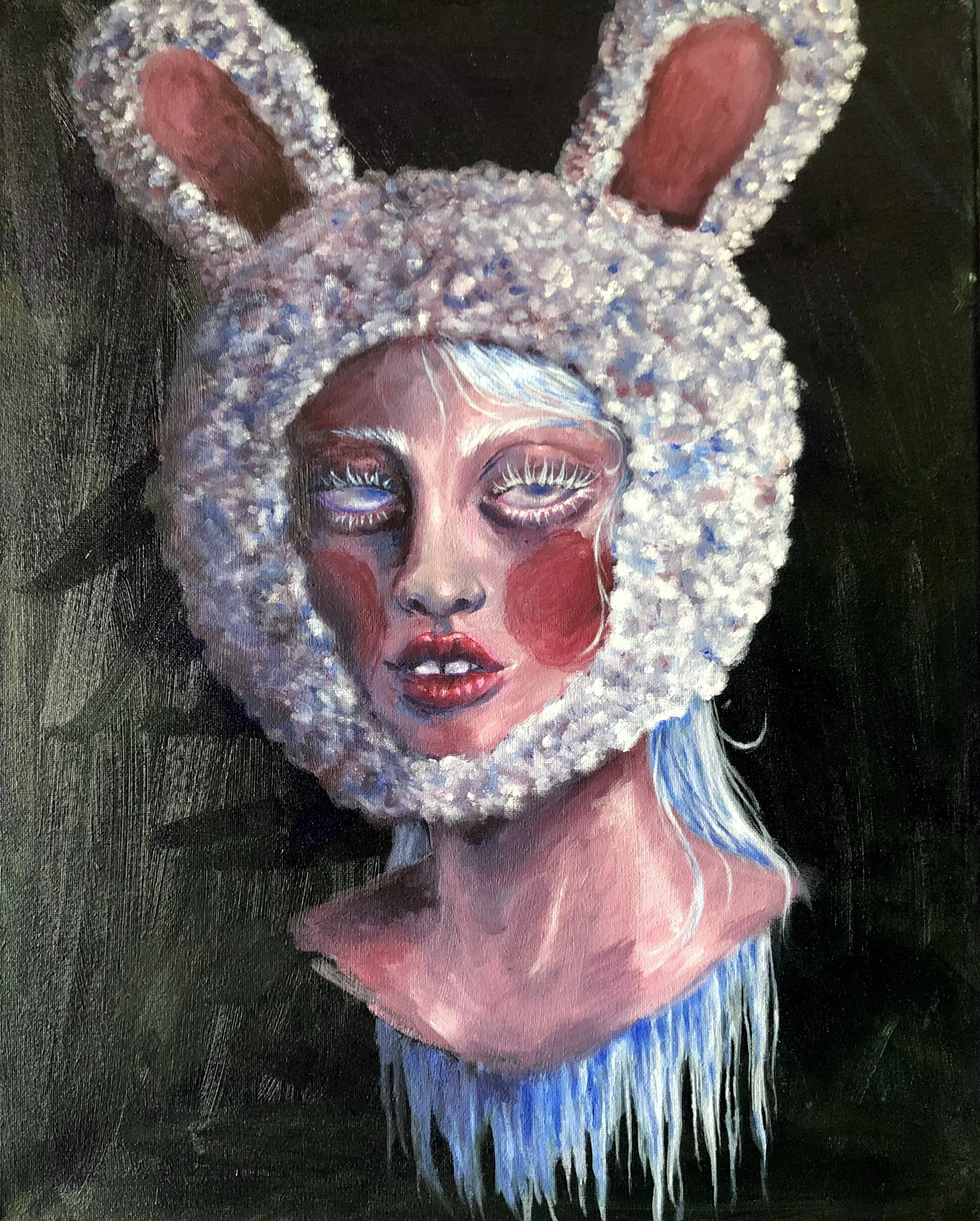 A painting of a bored woman with pink skin and a bunny hat. Despite the woman being dolled up in a very cutesy way, the painting has a dreary energy, with heavy grey shadows and a scratchy dark background. The woman looks tired and unenthused.