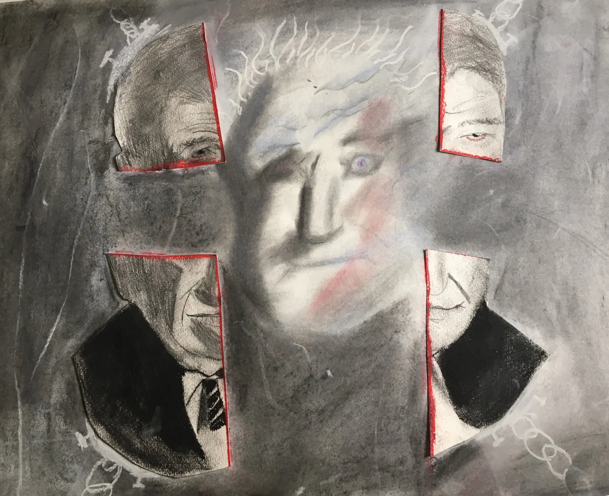 A multimedia graphite portrait of an elderly man. Surrounding the man is another portrait cut into 4 pieces evoking the feeling that the man in the center is a ghostly figure that lies underneath.