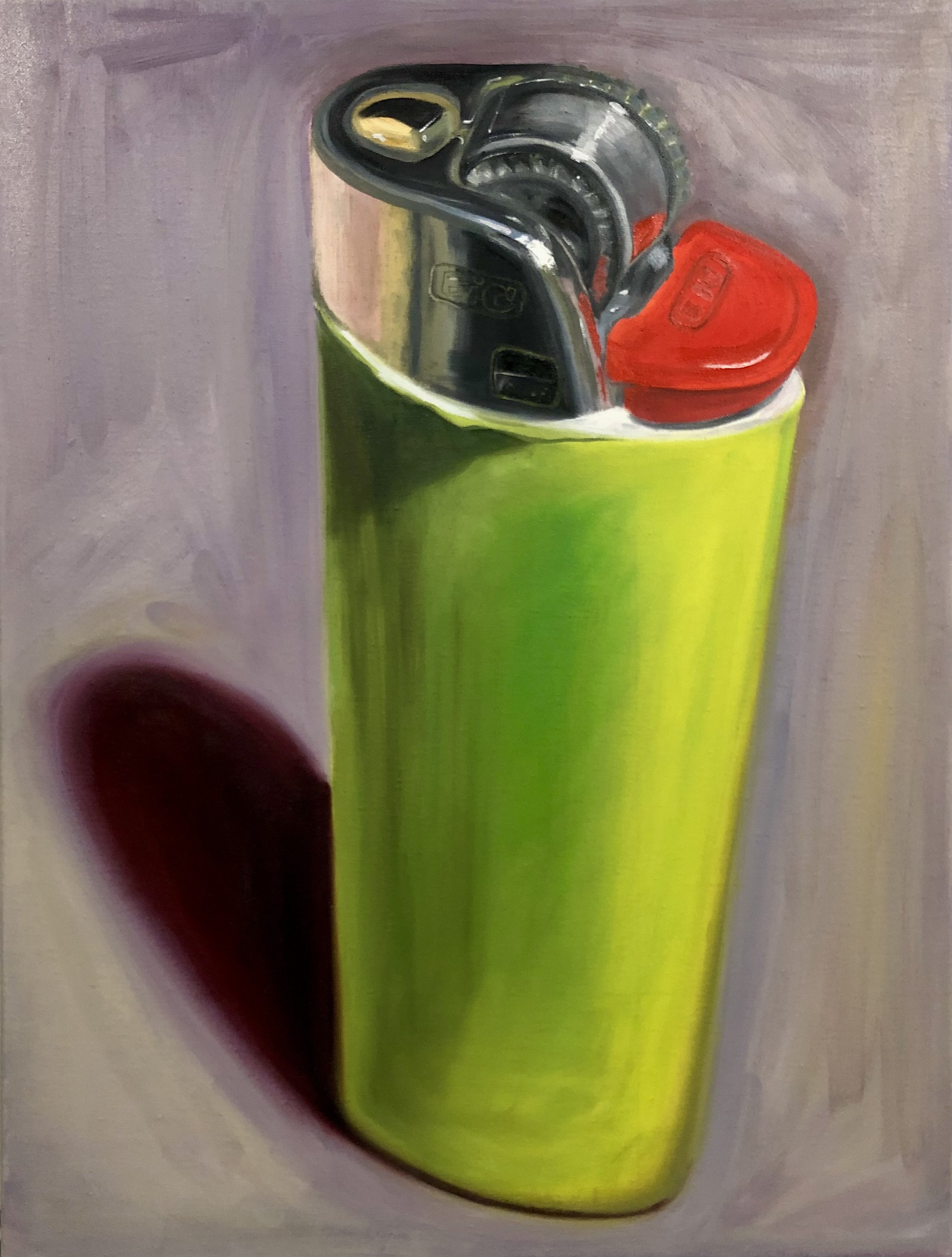 A photorealistic painting of a green Bic lighter.  The closeness of the lighter to the  viewer and the angle looking down upon it makes the subject seem large and imposing. The red switch feels dangerous, contrasting the green body of the lighter.