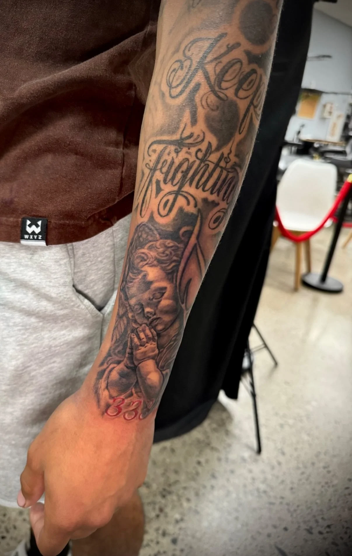 Love how this sleeve is turning out! 
Books are open; let's schedule something. 
#BlackAndGreyTattoo #ForearmTattoo #ScriptTattoo #LetteringTattoo #AngelTattoo #PrayingHandsTattoo #FaithTattoo #TattooArt #TattooDesign #TattooCollector #CustomTattoo