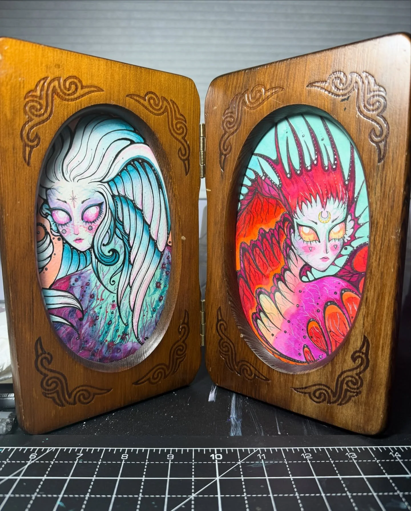 Venus &amp; Mars 🌙 

Dr PH Martins concentrated watercolor
Ink pen
Silver gel pen 
Thrifted wood frame 
&bull;
&bull;
&bull;