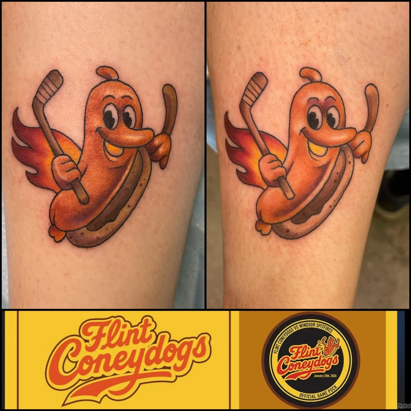 @flintfirebirds Did some matching mascot tattoos for Joel and Shane! Thanks dudes! Good luck I Hope one of you wins the contest tonight! 🌭🏒🥅 #flintfirebirds #flinthockey #flintmichigan @joel.m.longo @srogalski @hive.tattoo.studio