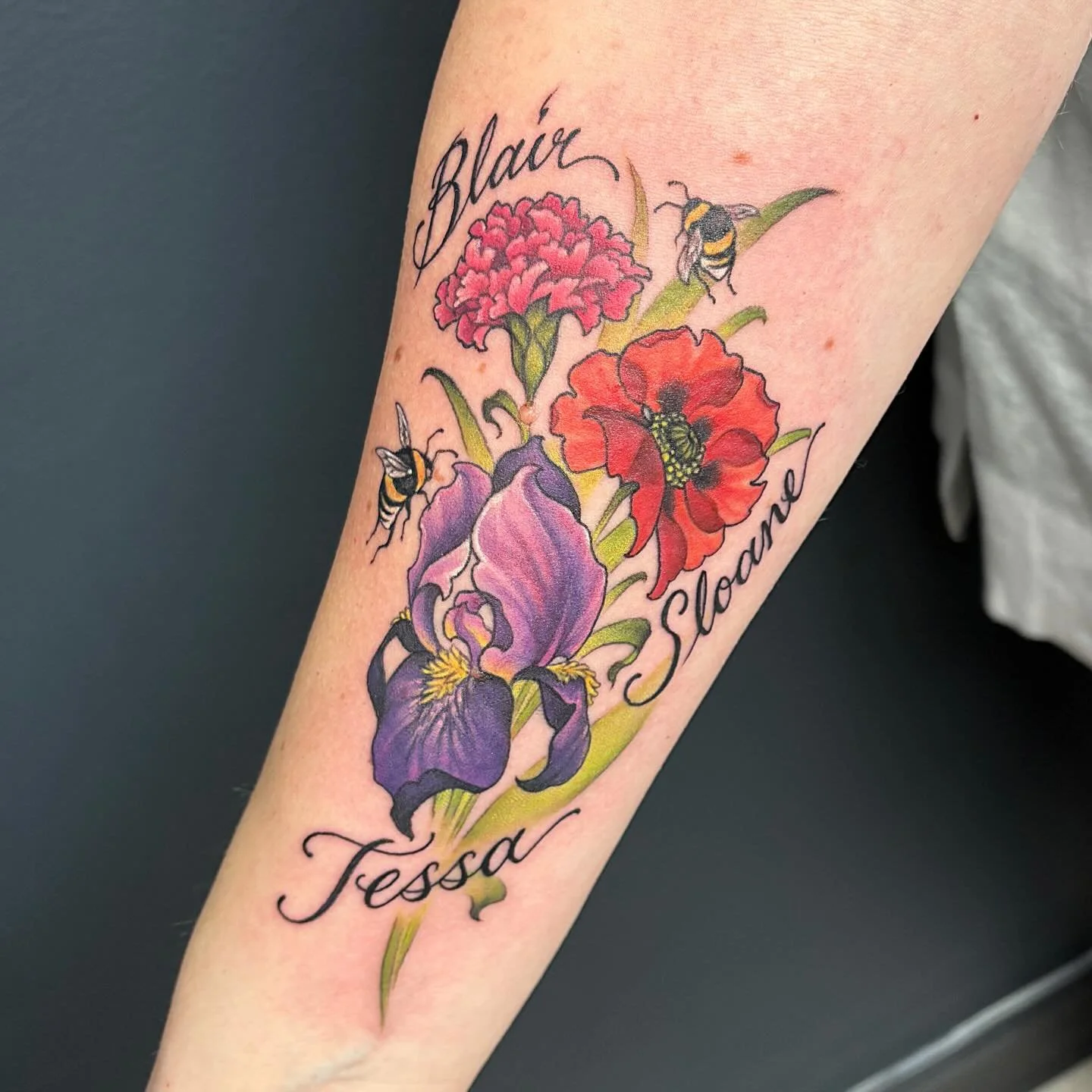 Some matching family tattoos for a lovely couple! Thank you again 💜 I always love tattooing birth flowers! @hive.tattoo.studio 

If you would like to book with me, send me an email or fill out my booking form, link in bio 💜 kirioustattoos@gmail.com