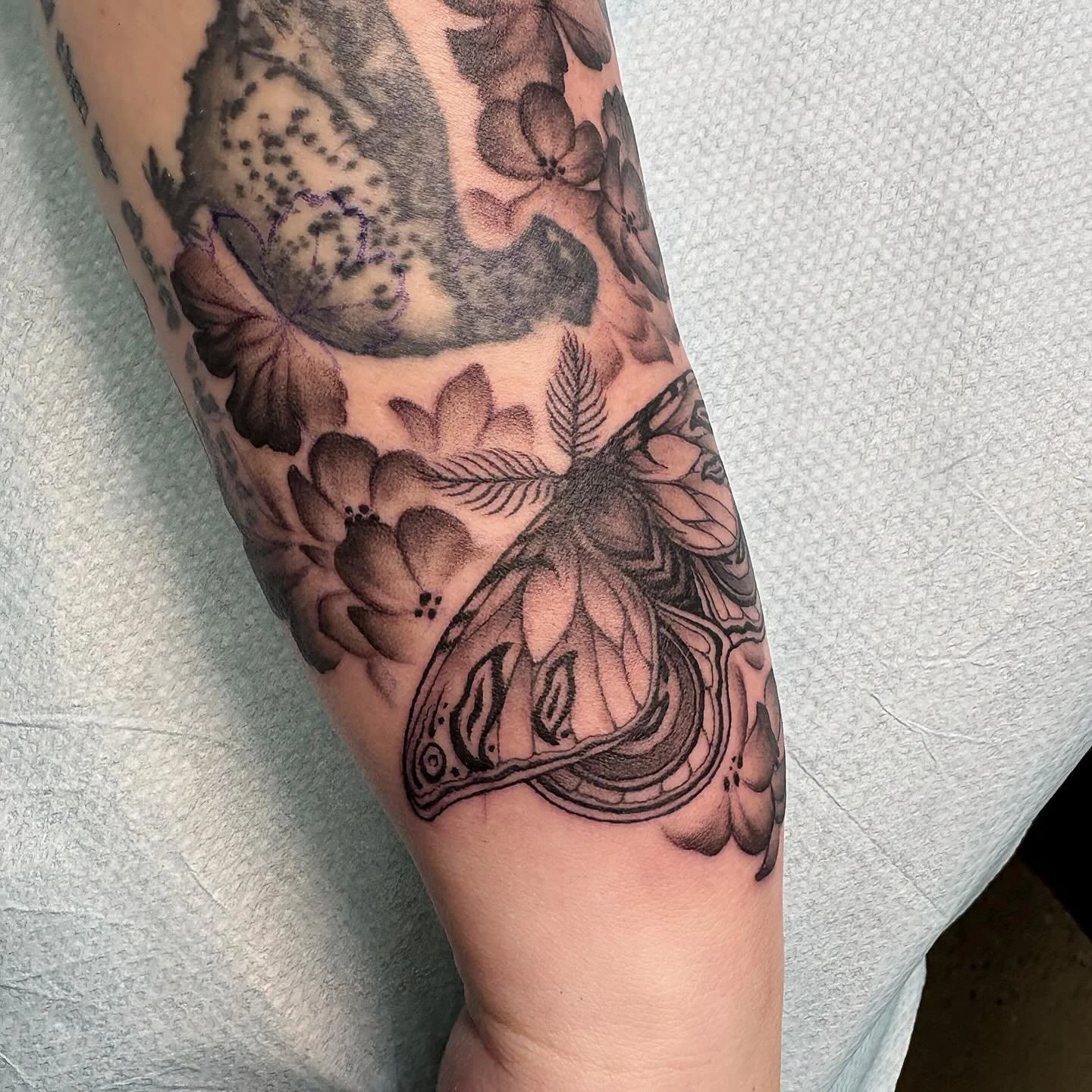 Love me a good moth gap filler 💜 @anarchistbowlin is dope you should look at her stuff and listen to her band @thelowcocks ! Thank you Annie!! 

@hive.tattoo.studio 

#flinttattooartist #michigantattooartist #ladytattooer #colortattooartist #michiga