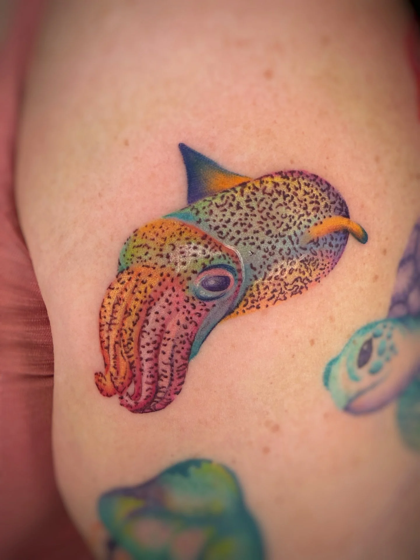What a fun little cuddlefish tattoo! I love tattooing really bright and colorful creatures like this! 

Currently booking for June!