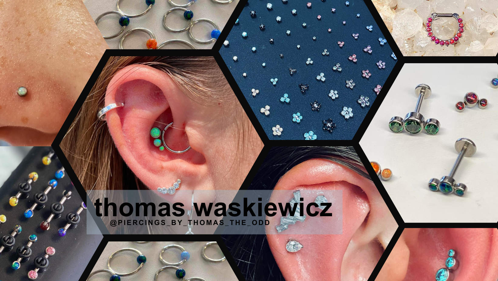 Collage of various piercing jewelry including earrings and body jewelry, with a central label reading 'Thomas Waskiewicz @PIERCINGS_BY_THOMAS_THE_ODD'.