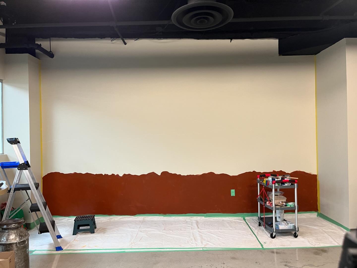 Day 1 ! Back to work.. mural at Applegate&rsquo;s new corporate offices. Background colors complete! #muralart #davinci #muralmaker #applegate