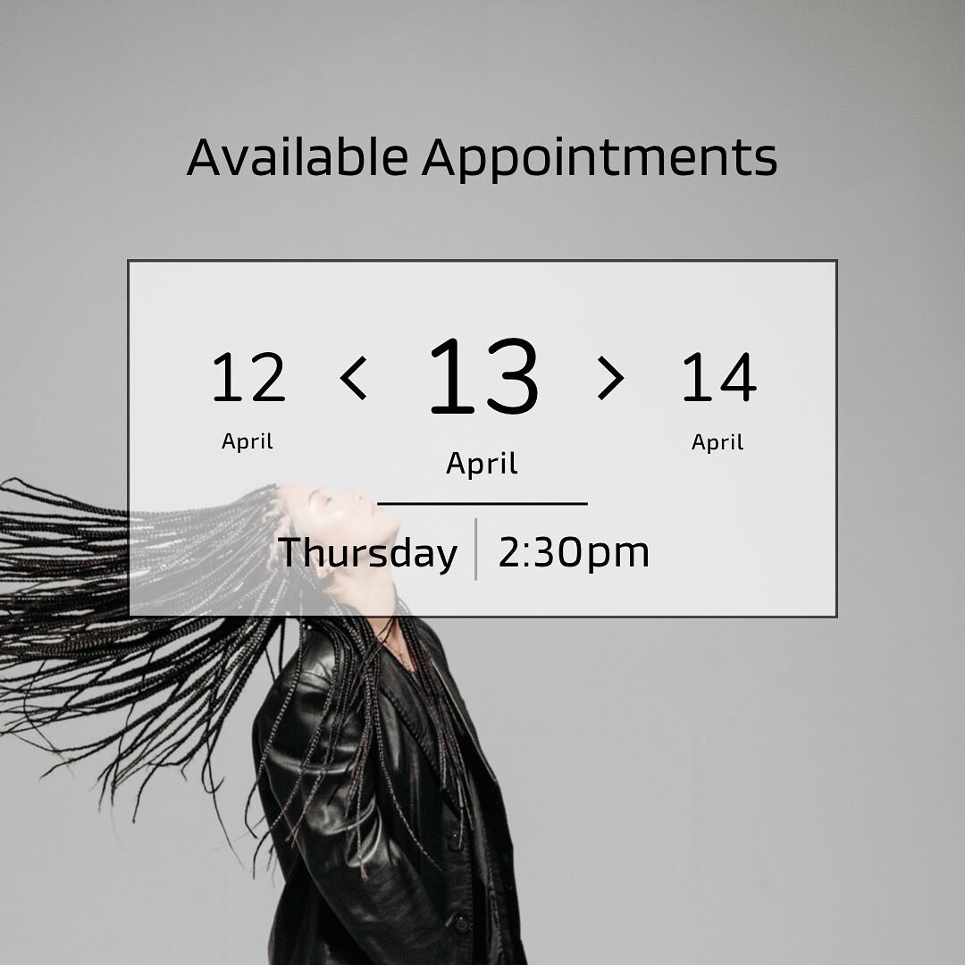 Last minute appointment available on Thursday, April 13th @ 2:30 pm. Please note that this is a 3 hour slot. Any services that require more time will not be accepted.  Book online.  Link is in the bio.

*I am not accepting new clients at this time.