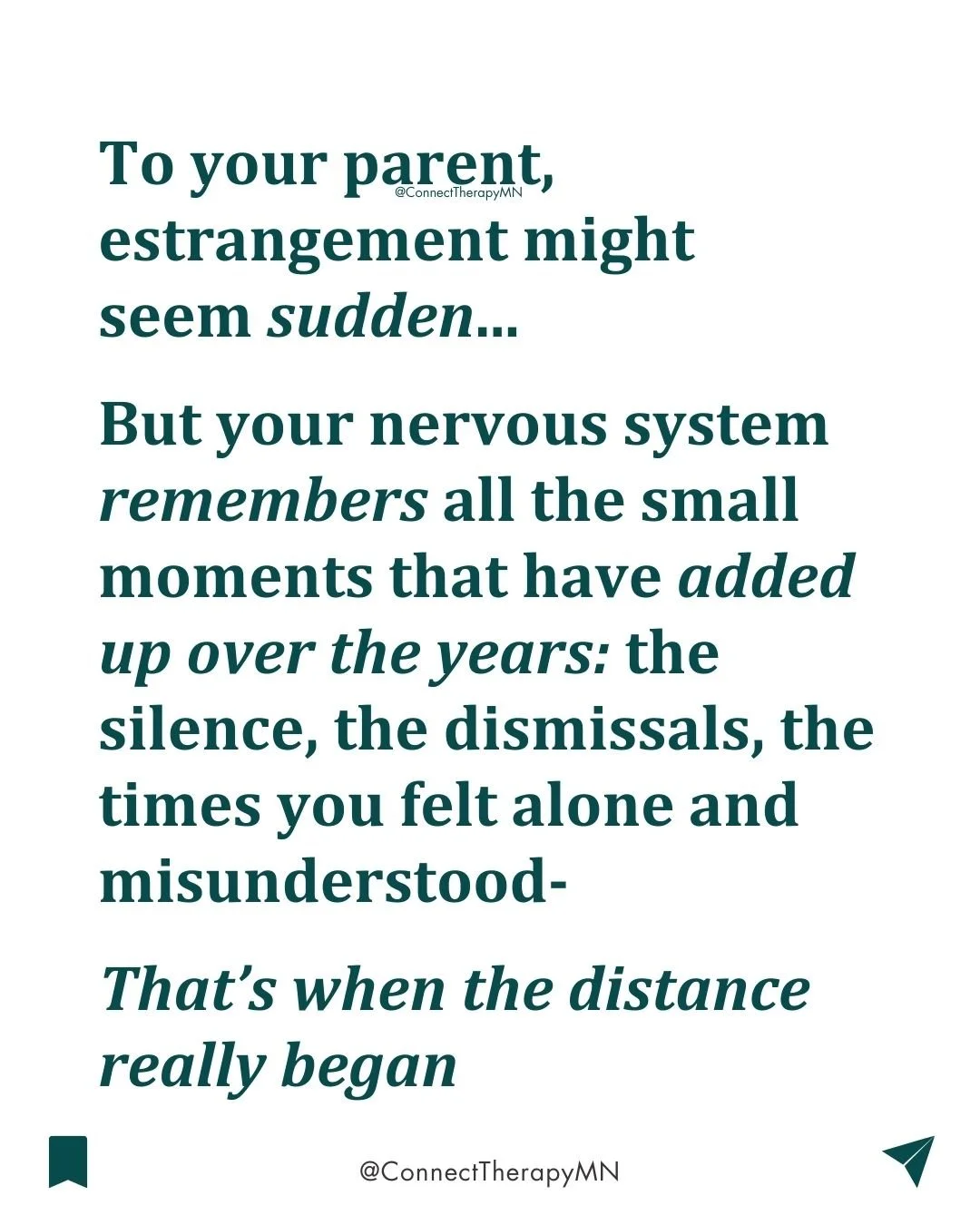 💔Estrangement doesn't happen overnight...

It&rsquo;s the ACCUMULATION of being unseen, unheard, and unsupported for YEARS

Every small moment that taught - and confirmed - that connection wasn&rsquo;t safe with your parent

THAT'S where the distanc
