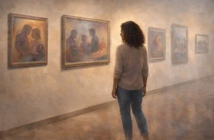 BIPOC woman quietly reflecting while looking at childhood photos on a wall, symbolizing processing a difficult relationship with emotionally immature parents.