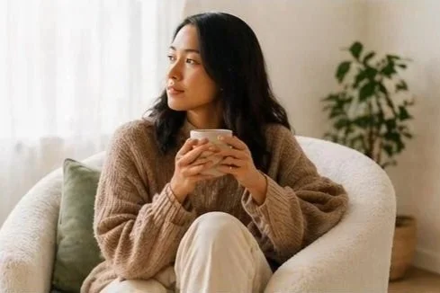 Woman sitting in a chair holding a cup, representing emotional healing and self-reflection on growing up with childhood emotional neglect