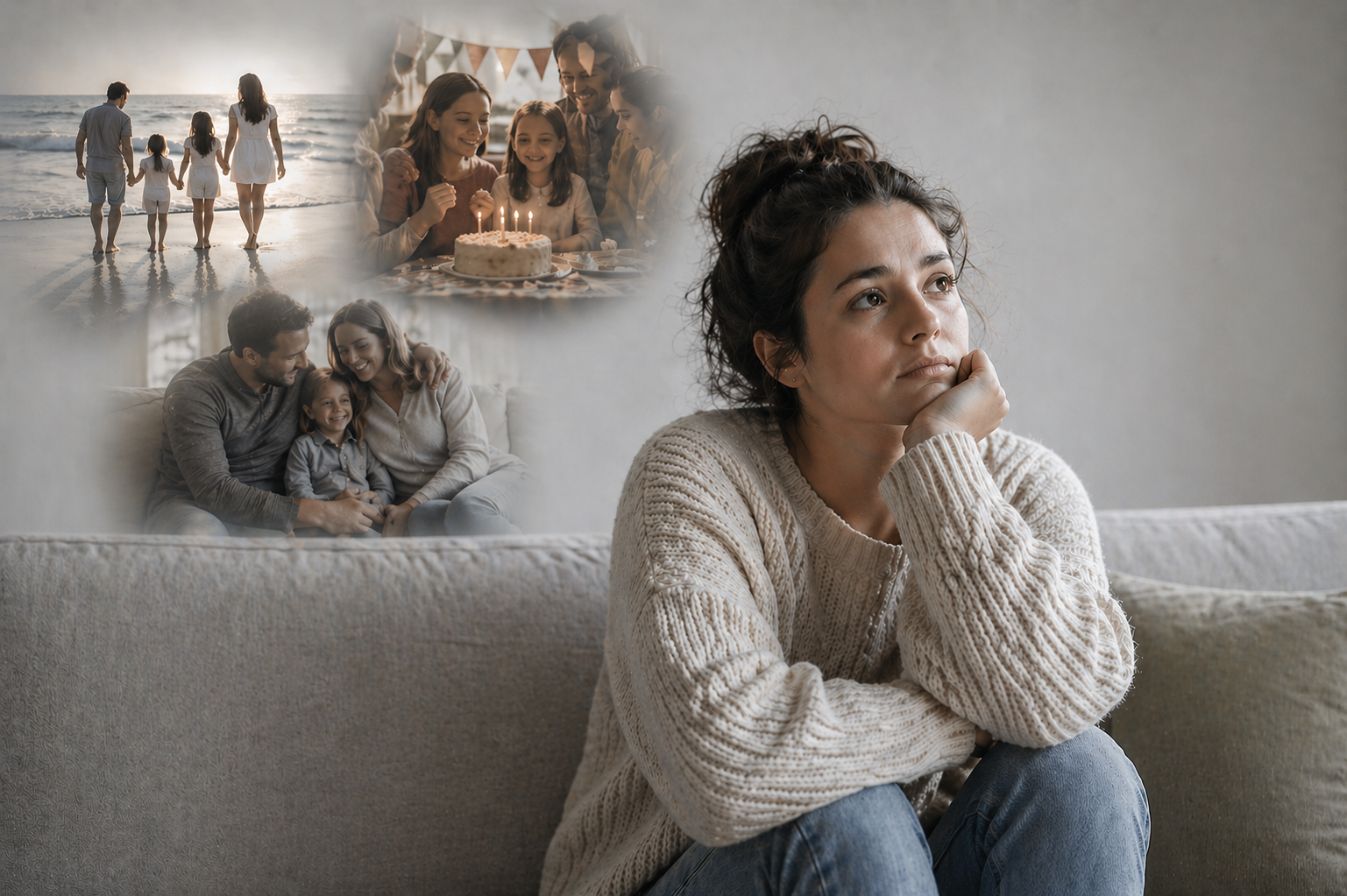 Woman sitting in reflection with faded memories of a happy childhood, symbolizing emotional neglect that can go unnoticed