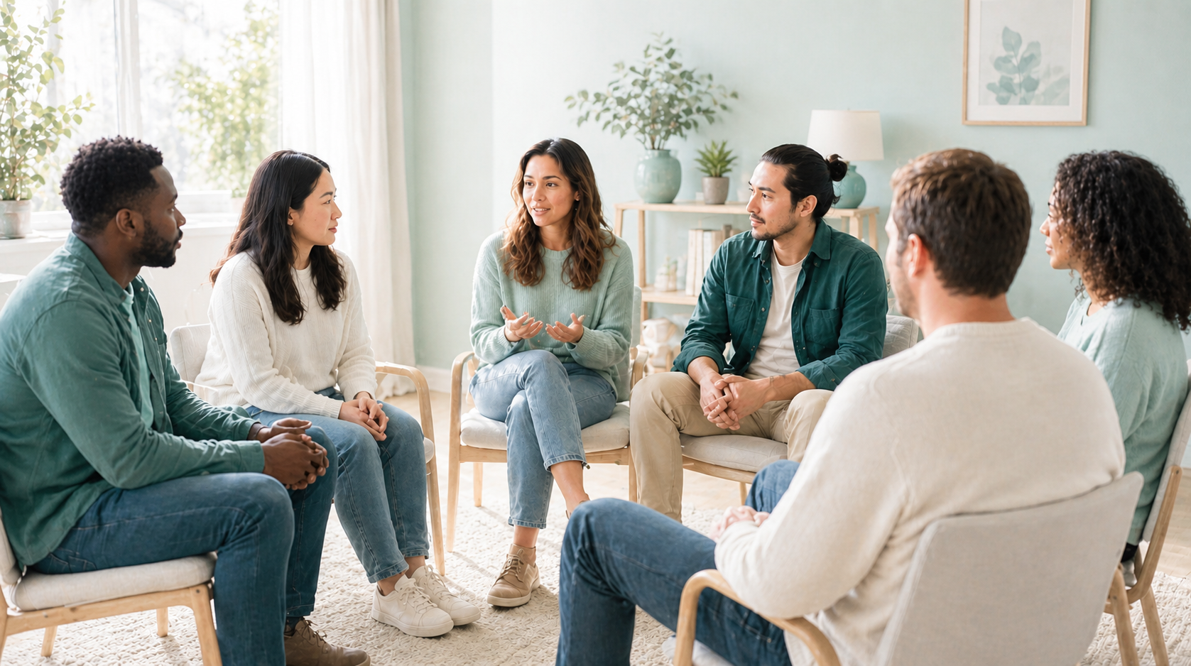 Therapist leading a support group for adult children of emotionally immature parents in a calm, welcoming setting