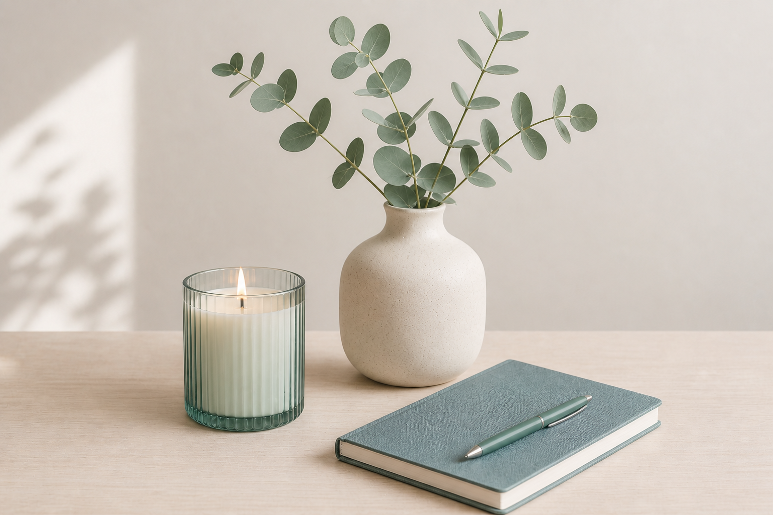 Calming minimalist scene with eucalyptus plant, candle, and journal representing healing for adult children of emotionally immature parents