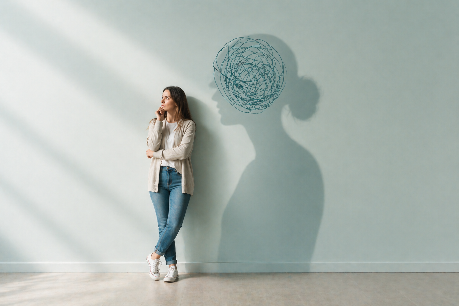 Woman standing thoughtfully against a wall with a shadow of her head filled with tangled scribbles, representing the confusing and painful impact of emotionally immature parenting