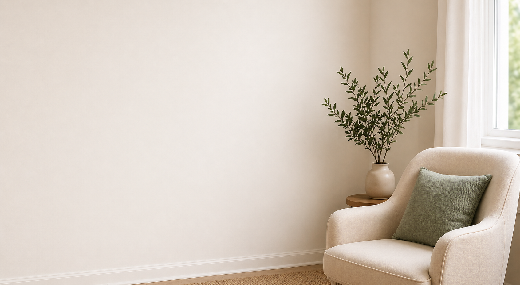 Soft neutral therapy space with chair and greenery creating a calm and safe place to start healing from Childhood Emotional Neglect and your Emotionally Immature Parent