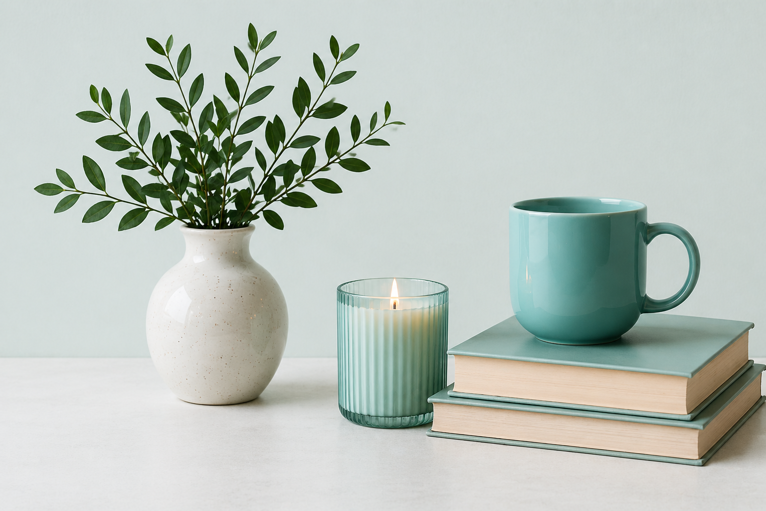 Minimalist still life with candle, books, and mug representing calm and healing from childhood emotional neglect