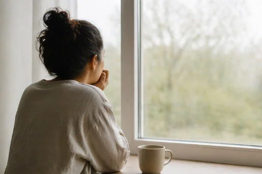 Woman looking out a window with a cup of coffee next to her, reflecting on emotions and healing from childhood emotional neglect