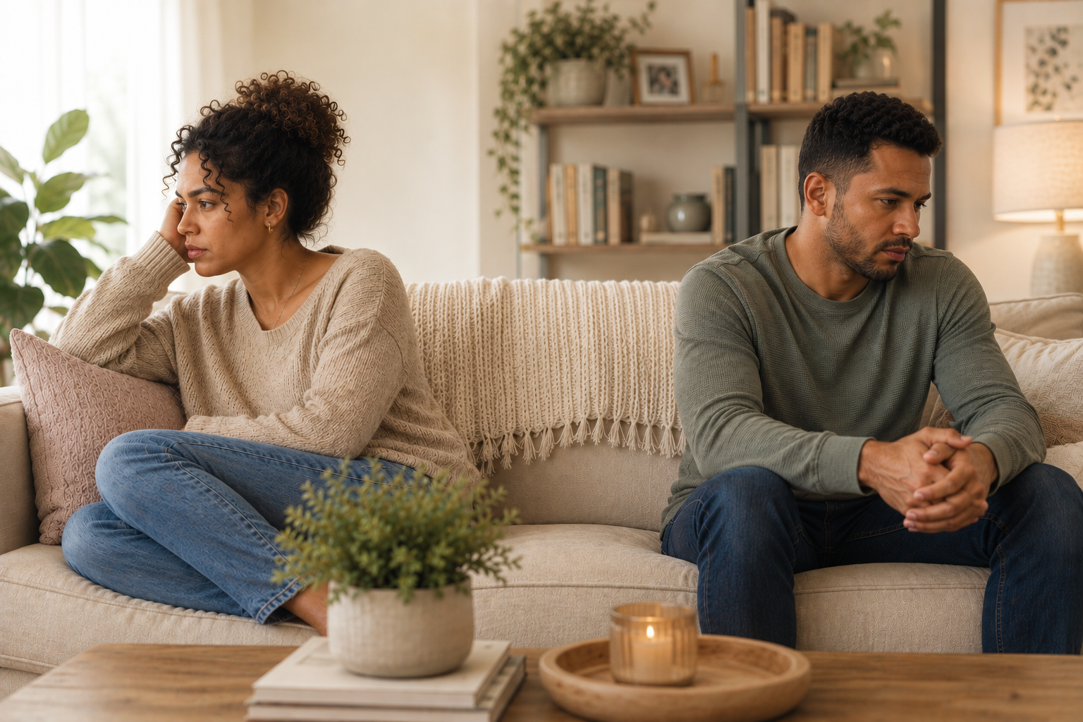 Mixed-race couple sitting together on a couch feeling emotionally distant and disconnected, illustrating emotional neglect in marriage.
