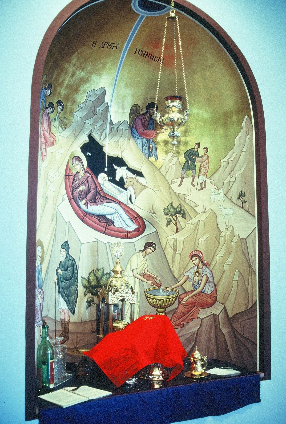 The Nativity (left niche) in Sanctuary of St. Andrew Greek Orthodox Church in South Bend, Indiana