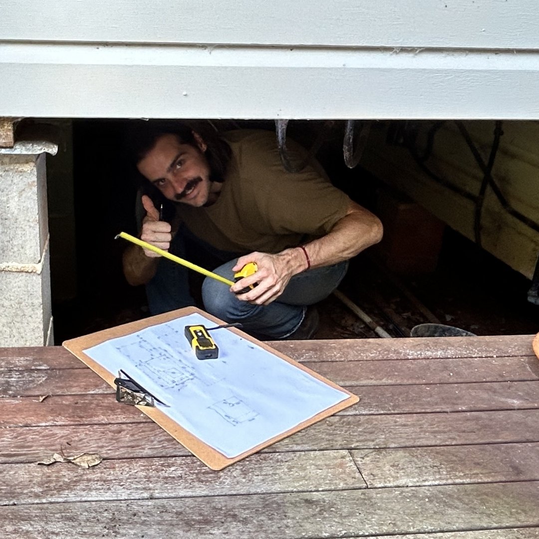 Wow - a rare sighting of an architect in the wild, our very own Henry Bennett emerging here from under the house during daylight hours (a lovely job we have in the northern rivers region of NSW). Generally architects are considered city creatures, th
