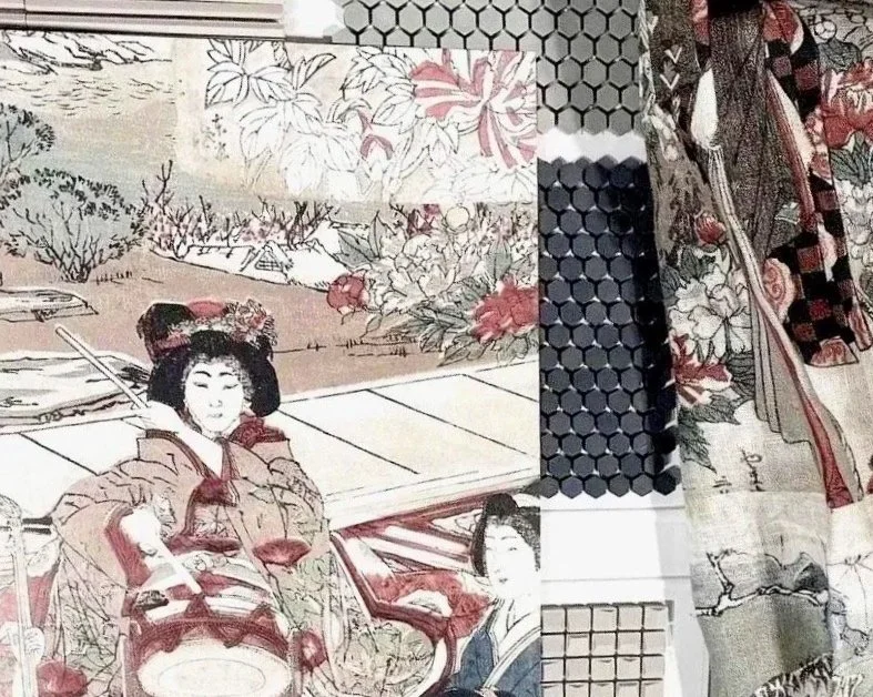 A collage of Japanese-style artwork featuring women in traditional Kimono, floral and nature motifs, and patterned fabric designs.