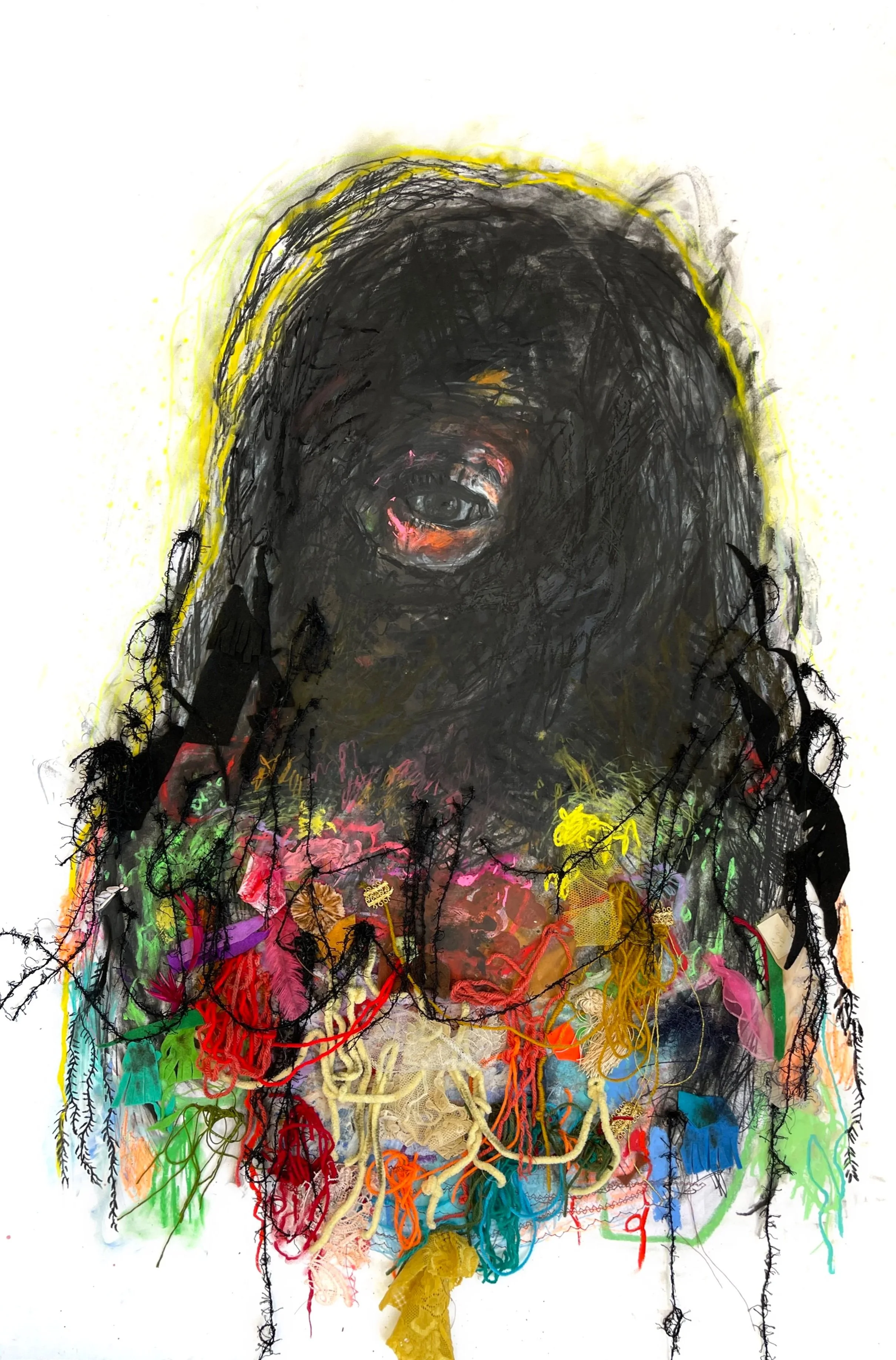 The Pink Glow, acrylic, pastel, charcoal, thread, yarn, lace, found objects & fabric on paper, 30" x 44"