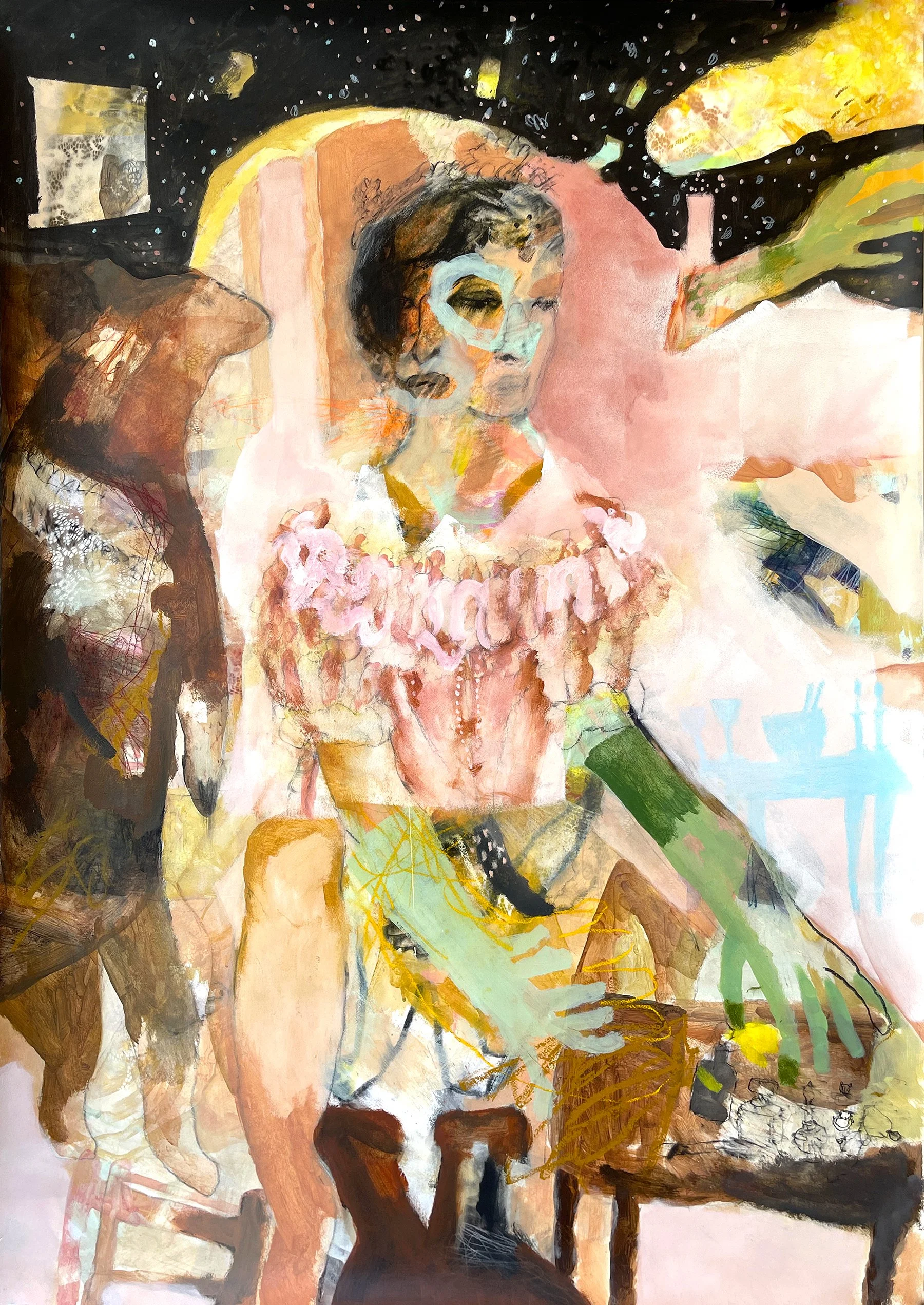 A Bear In My Boudoir, oil stick, acrylic, charcoal, pastel & pencil on paper,  60" x 44"