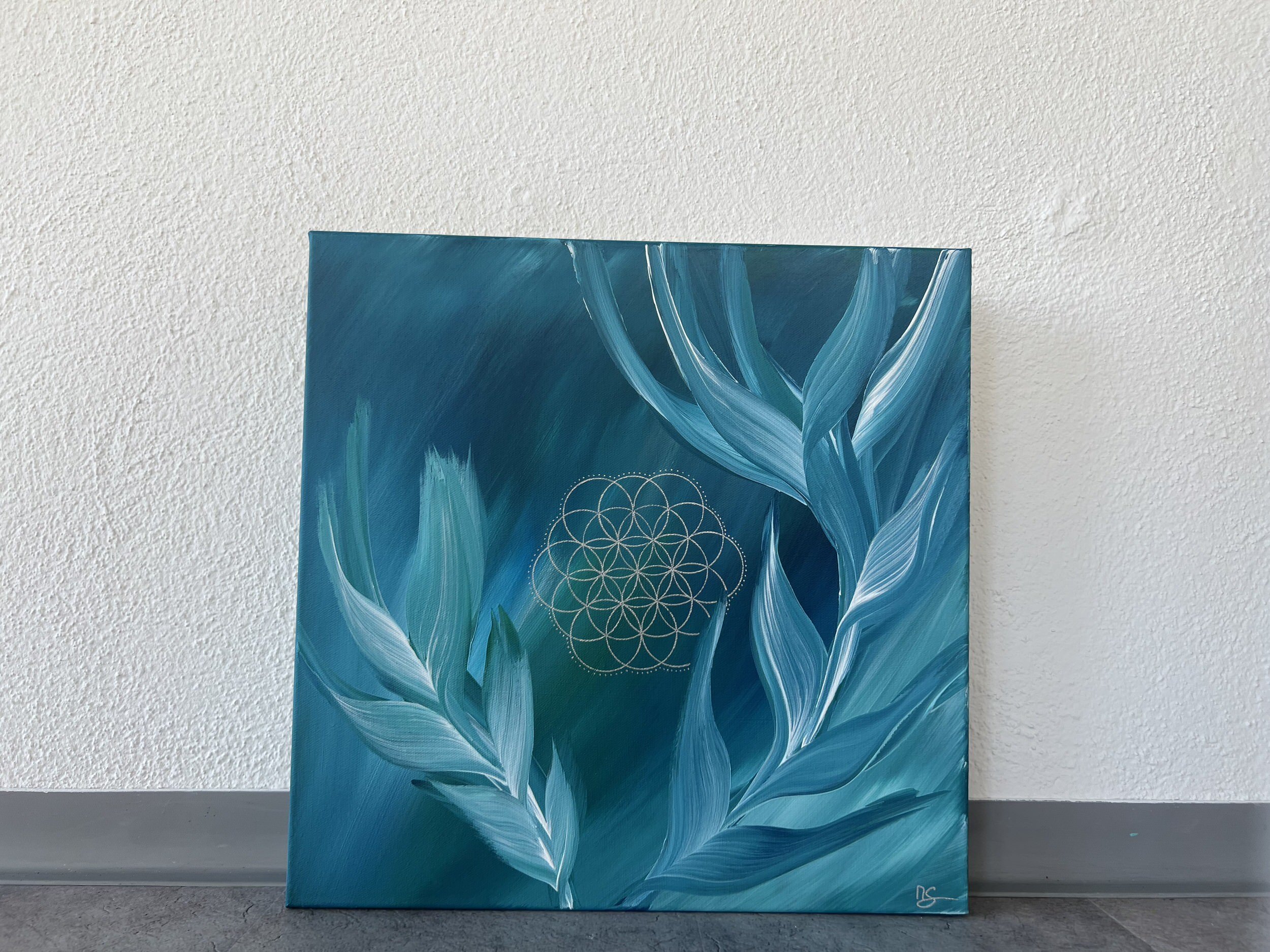 Essenz_abstrakte Acrylmalerei Botanical Pflanze Blume grünblau_IMG_5866.jpeg