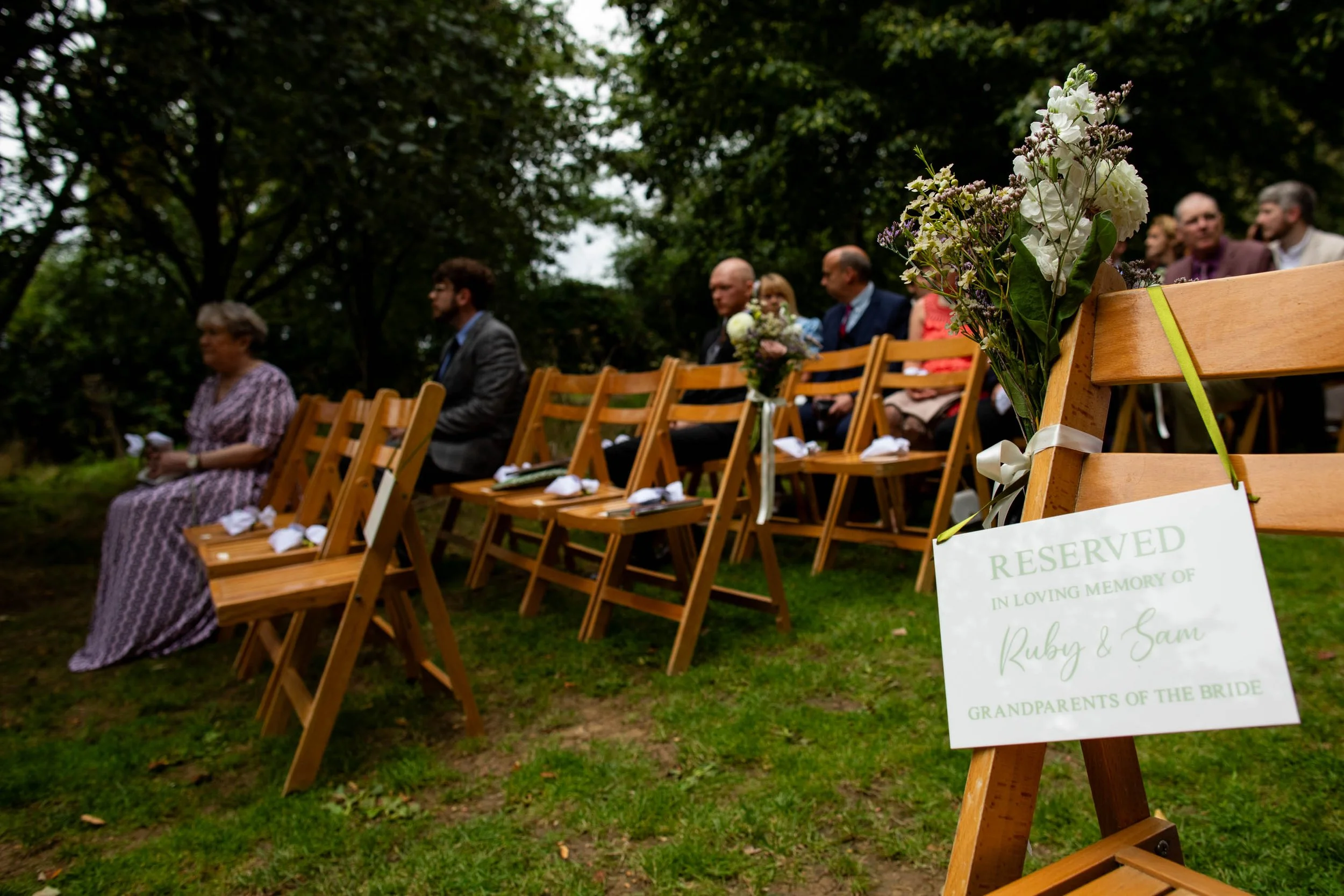 Wedding ceremony outdoors with guests seated on wooden chairs, a reserved sign on an easel with floral decorations, and a group of people dressed in formal clothing under trees.