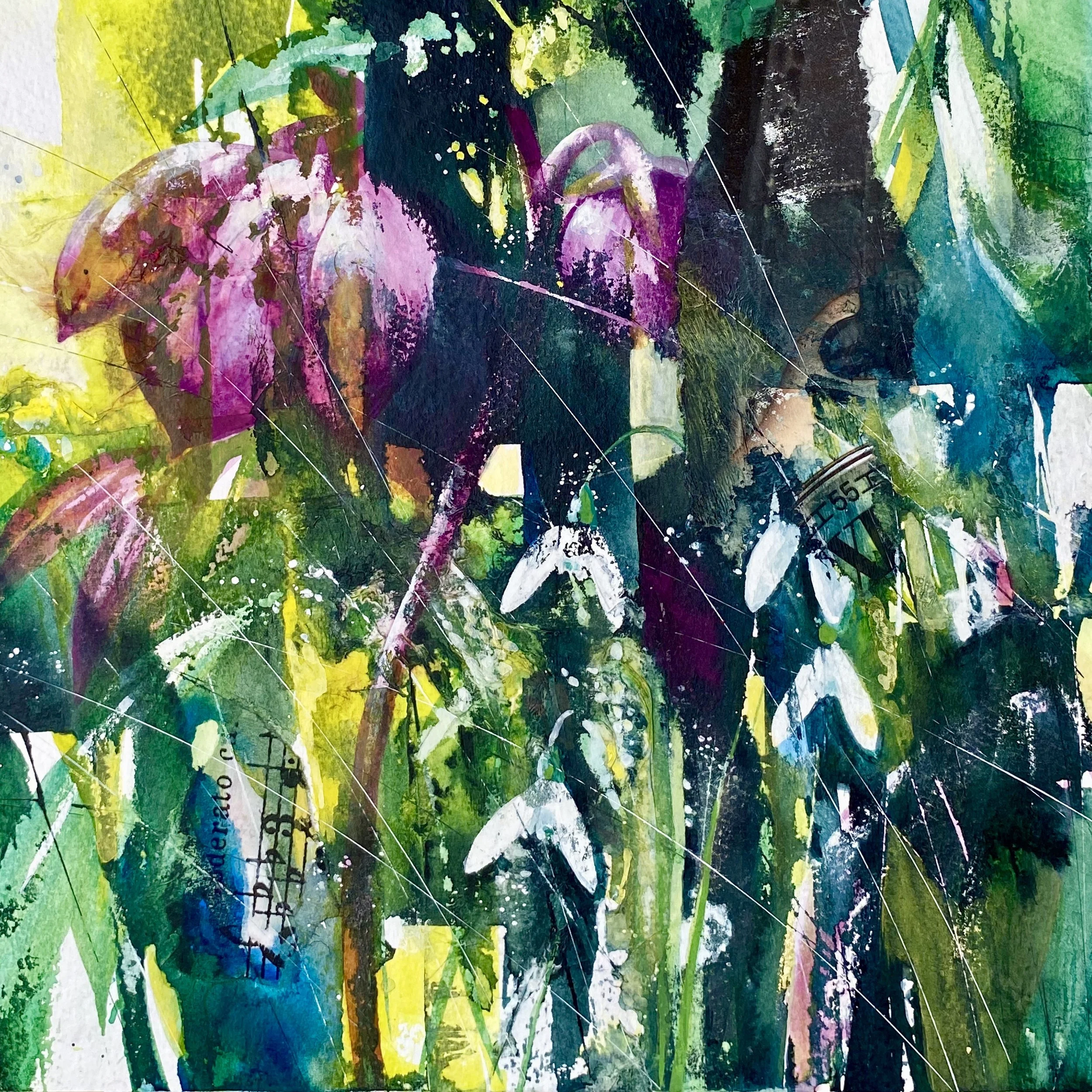Hellebore and Snowdrops   £180
 Mixed Media
 Sold in mount only for safety  30 x 30cm 
  Free shipping to UK, only
