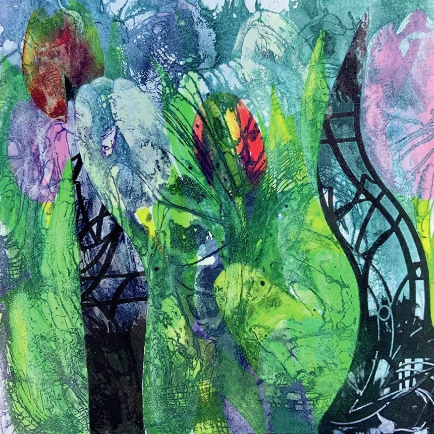 Tulip Abstract £180
 Mixed Media
 Sold in mount only for safety  30 x 30cm 
  Free shipping to UK, only