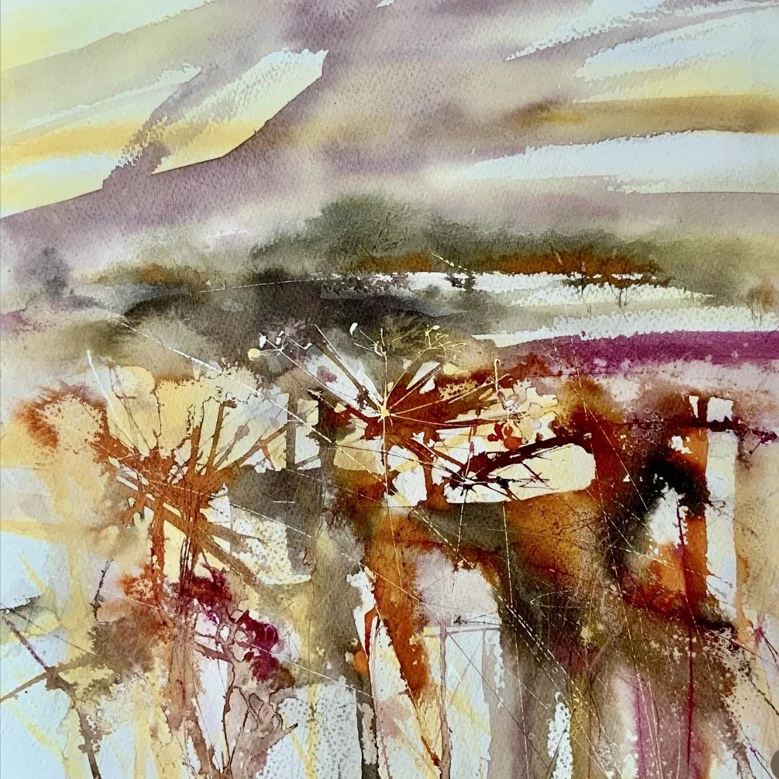 Orchard Edge   £380
 Watercolour
 Sold in mount only for safety  50 x 50cm 
  Free shipping to UK, only