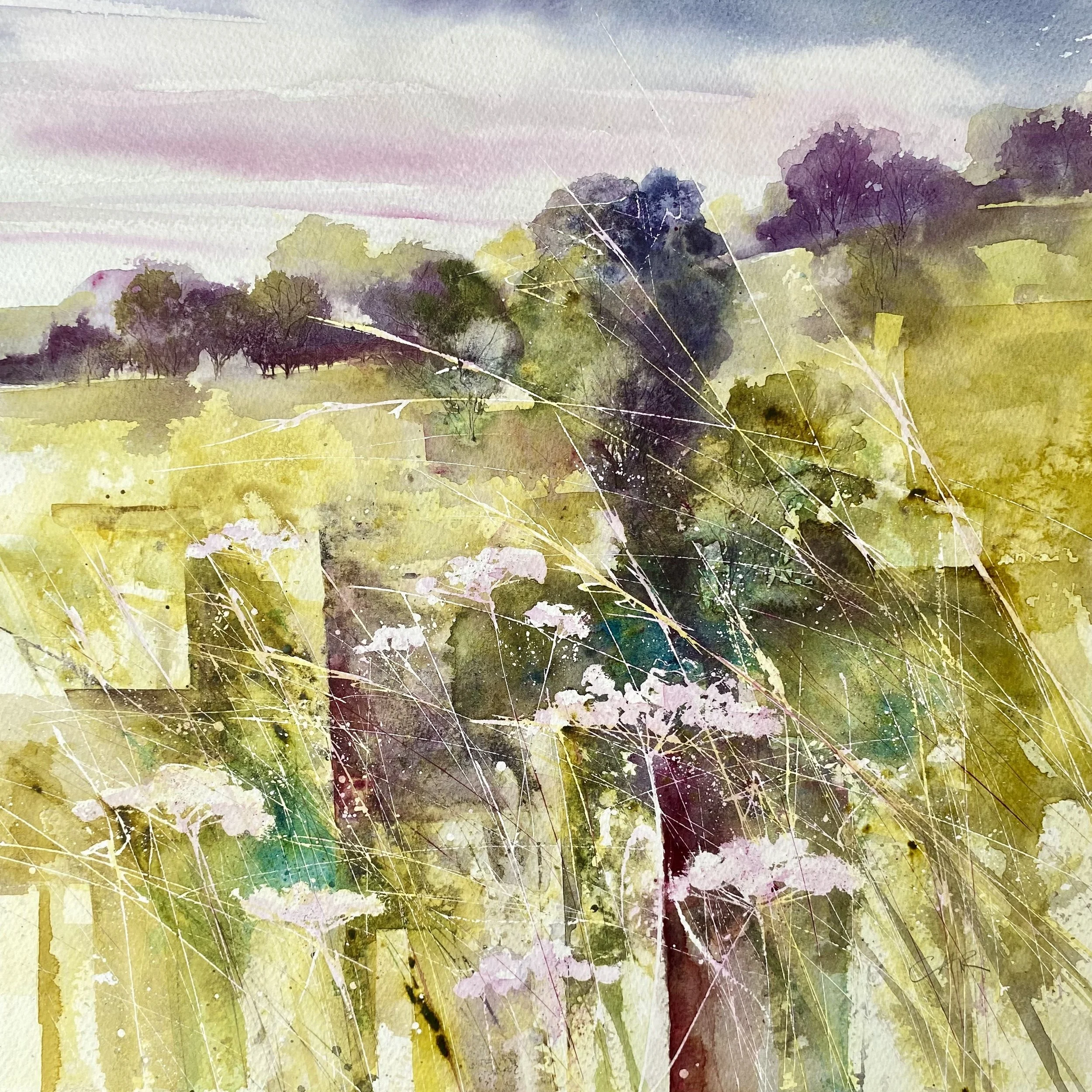 Evening Landscape   £380
 Watercolour
 Sold in mount only for safety  50 x 50cm 
  Free shipping to UK, only