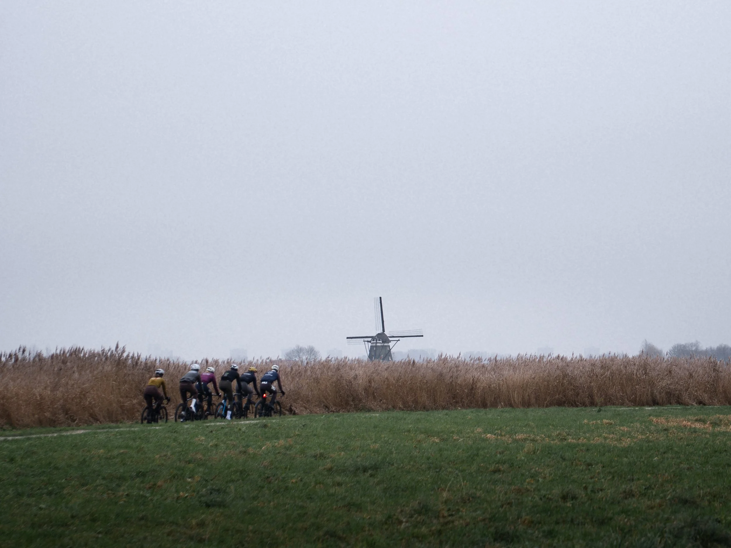 Quiet road cycling along farmland near the source of the Rotte river, showing classic Dutch polder landscapes with windmill.