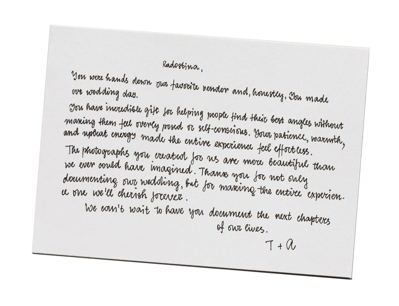 a client's thank-you words set in script lettering for the favorite wedding vendor
