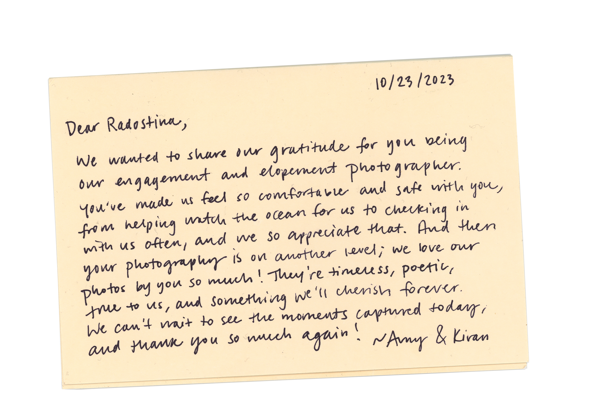 andwritten thank-you card from an elopement couple, dated october 2023.