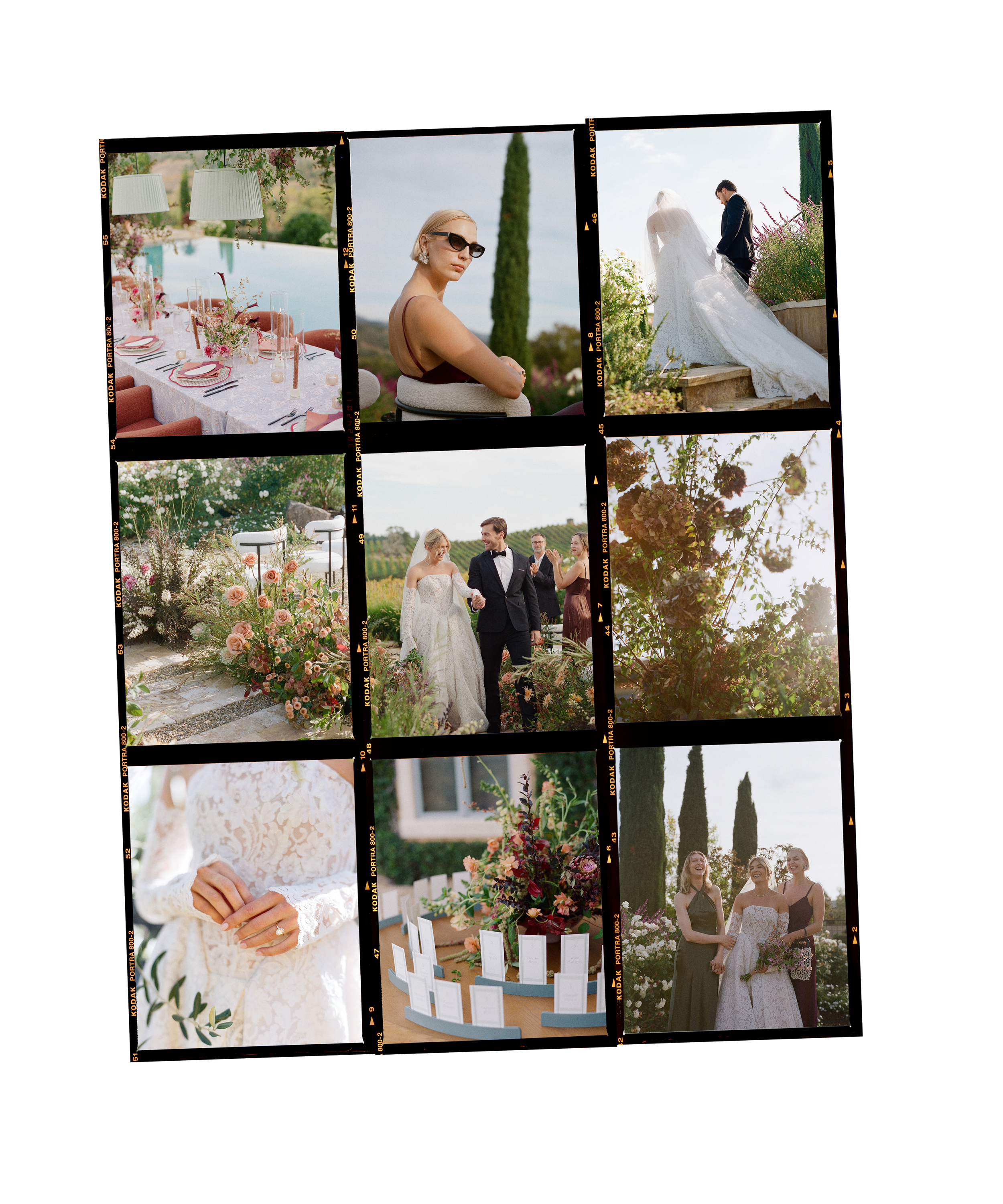 Film contact strip from a Sonoma private estate wedding, multiple frames showing ceremony and reception moments, Radostina Boseva
