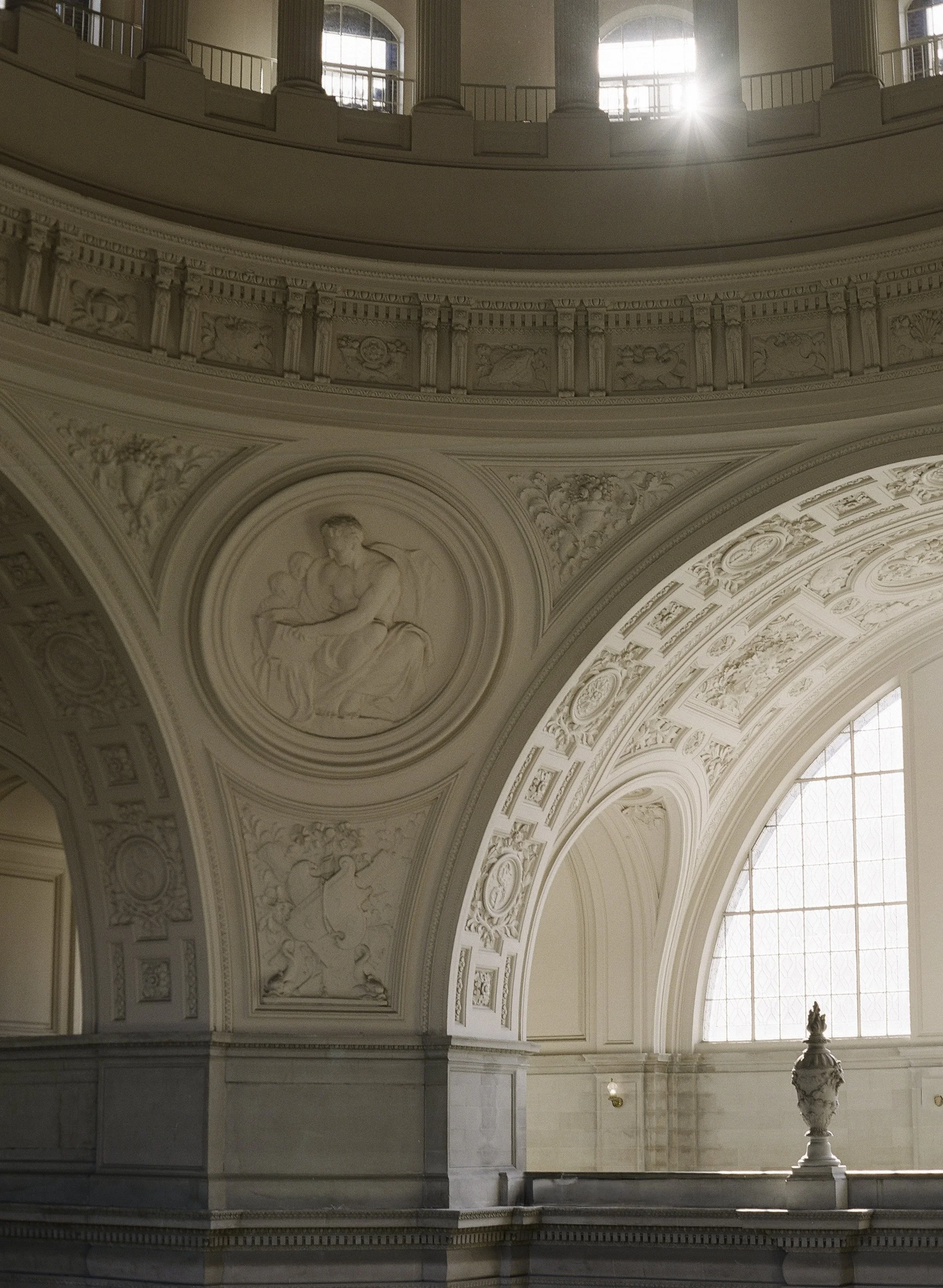 ornate rotunda dome and arched window detail · san francisco city hall · editorial film photography by radostina boseva